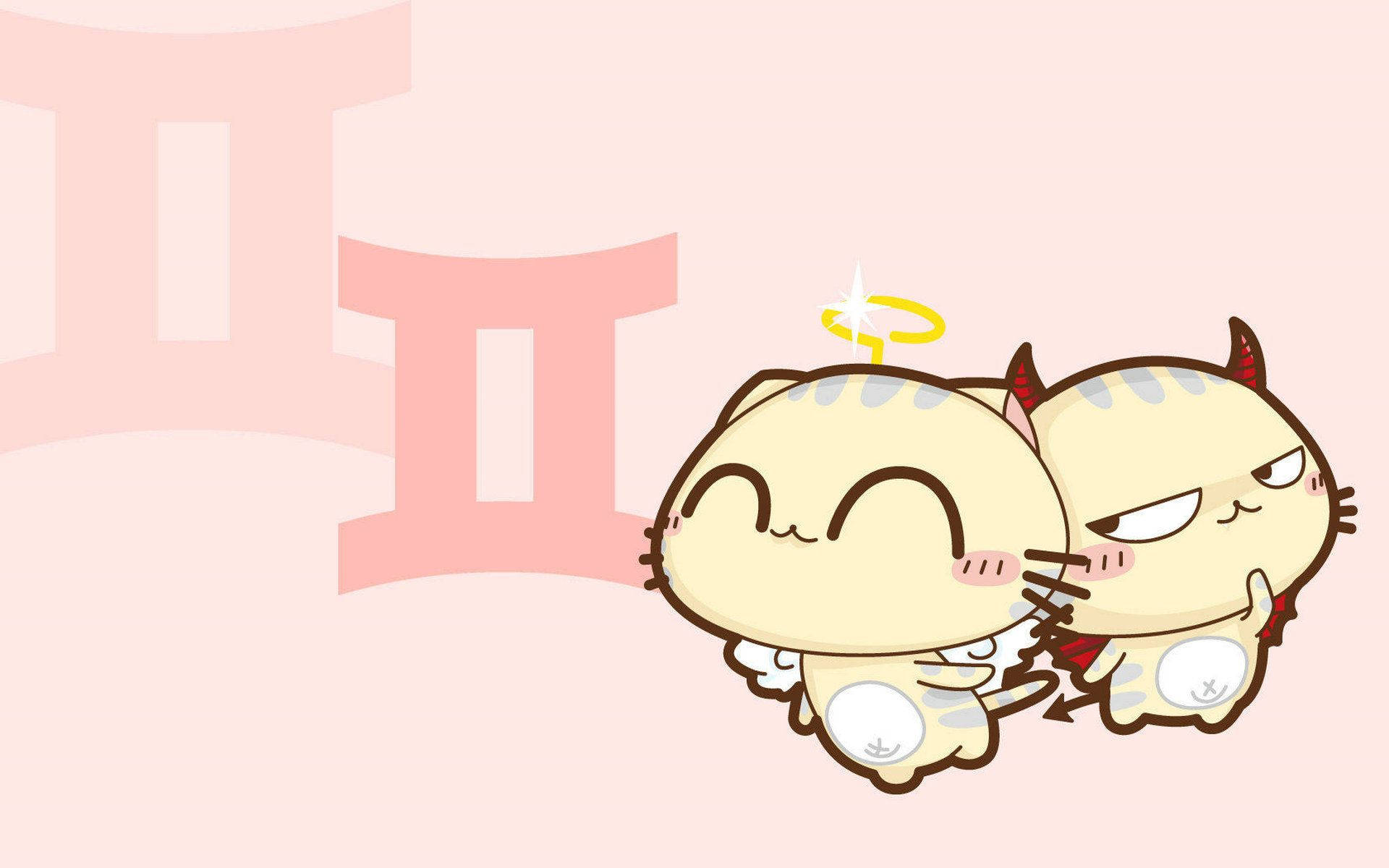 兩隻Q版貓，一隻天使一隻魔鬼，一起站在星座符號前面。 — 星座 GIF 壁紙