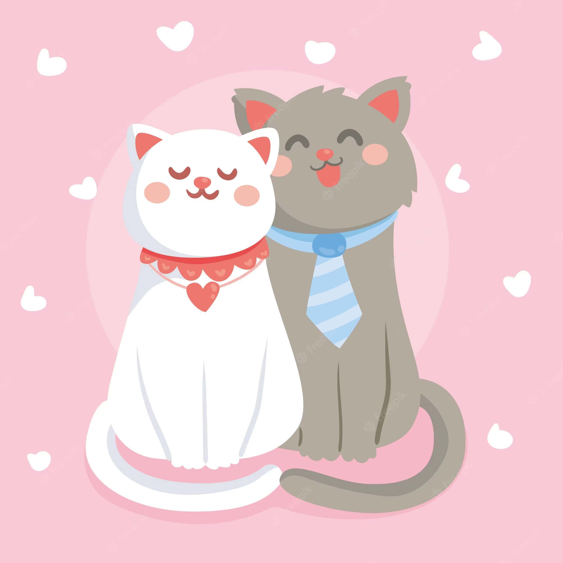Cartoon Animal 桌布 壁紙 — 兩隻可愛的卡通貓，一隻白色和一隻灰色，一起坐在粉紅色背景上，周圍有漂浮的心形。