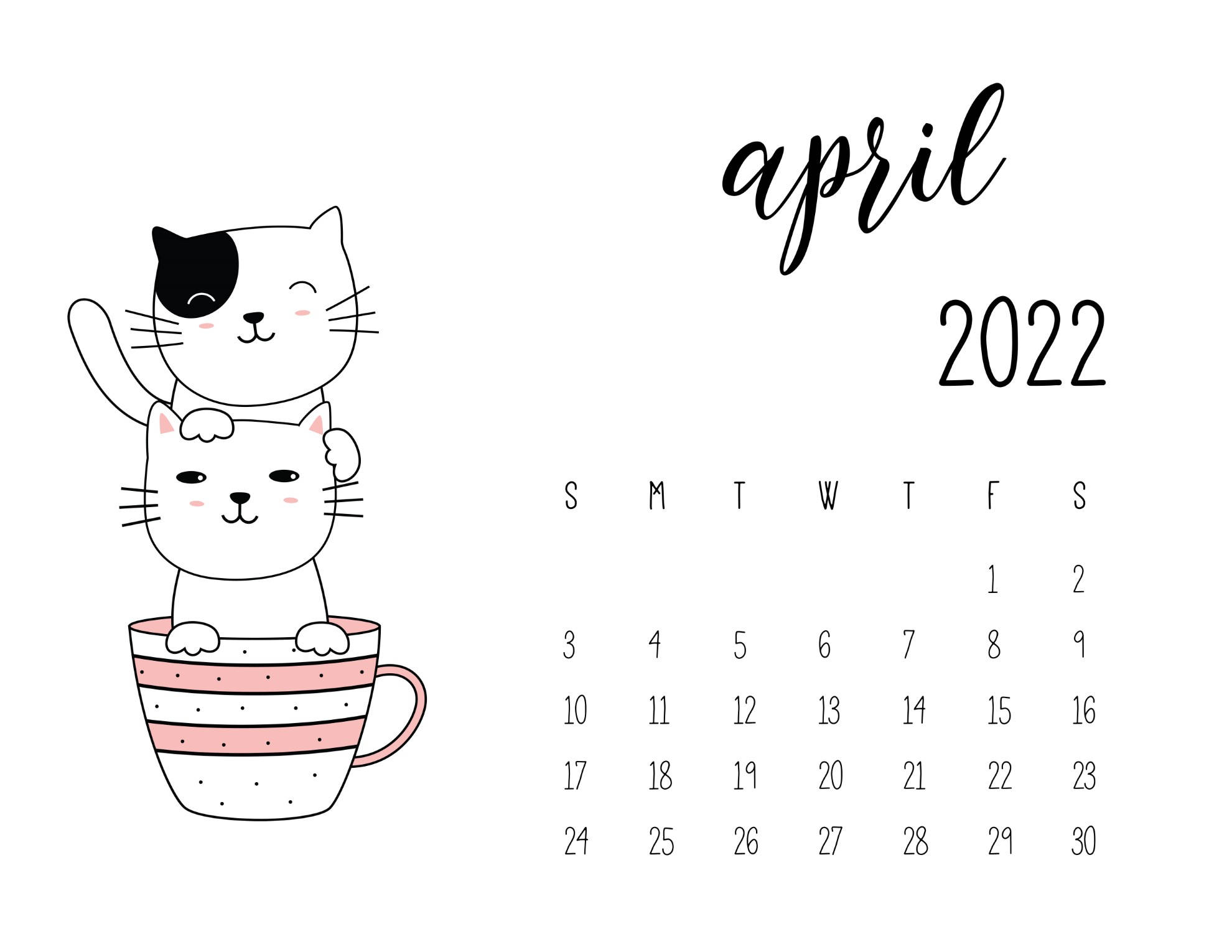 April 桌布 壁紙 — 兩隻可愛的卡通貓，一隻黑白相間，另一隻白色，坐在一個粉紅色條紋杯裡，旁邊有一個2022年4月的日曆。