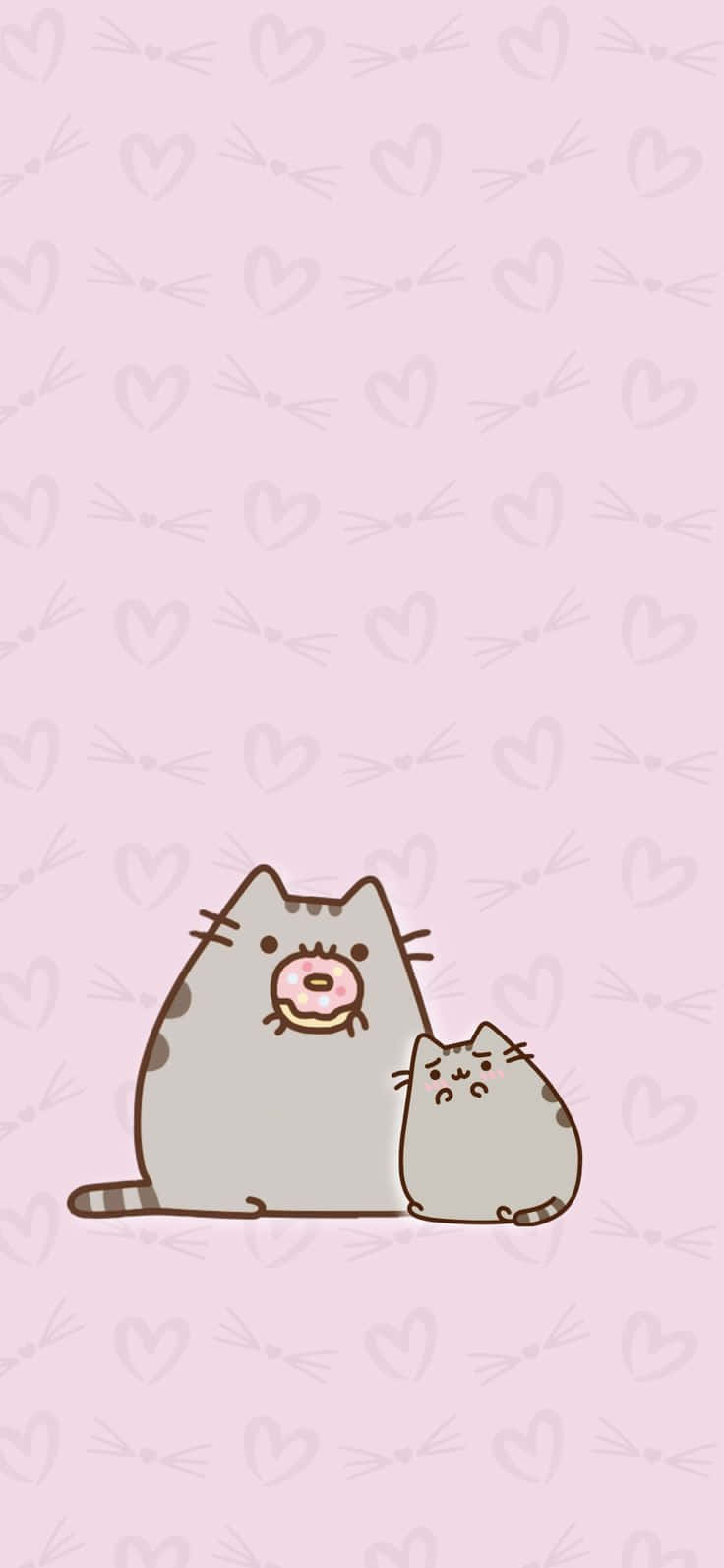 Kawaii Pusheen 桌布 壁紙 — 兩隻可愛的卡通貓咪一起坐在柔軟的粉紅色背景上，背景有重複的心形和鬍鬚圖案。