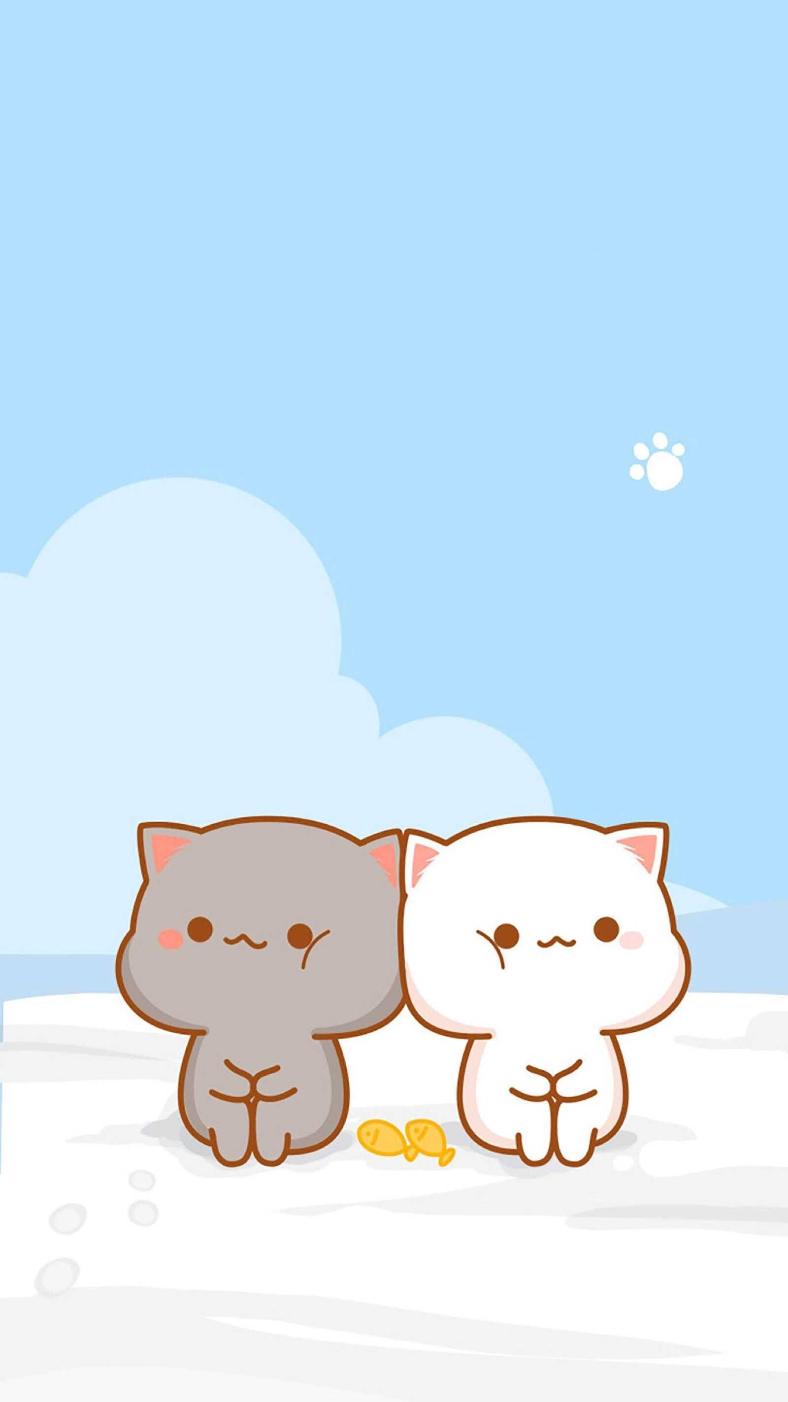 Cats 桌布 壁紙 — 兩隻可愛的卡通貓咪並排坐在雪地上，天空湛藍，雲朵蓬鬆。