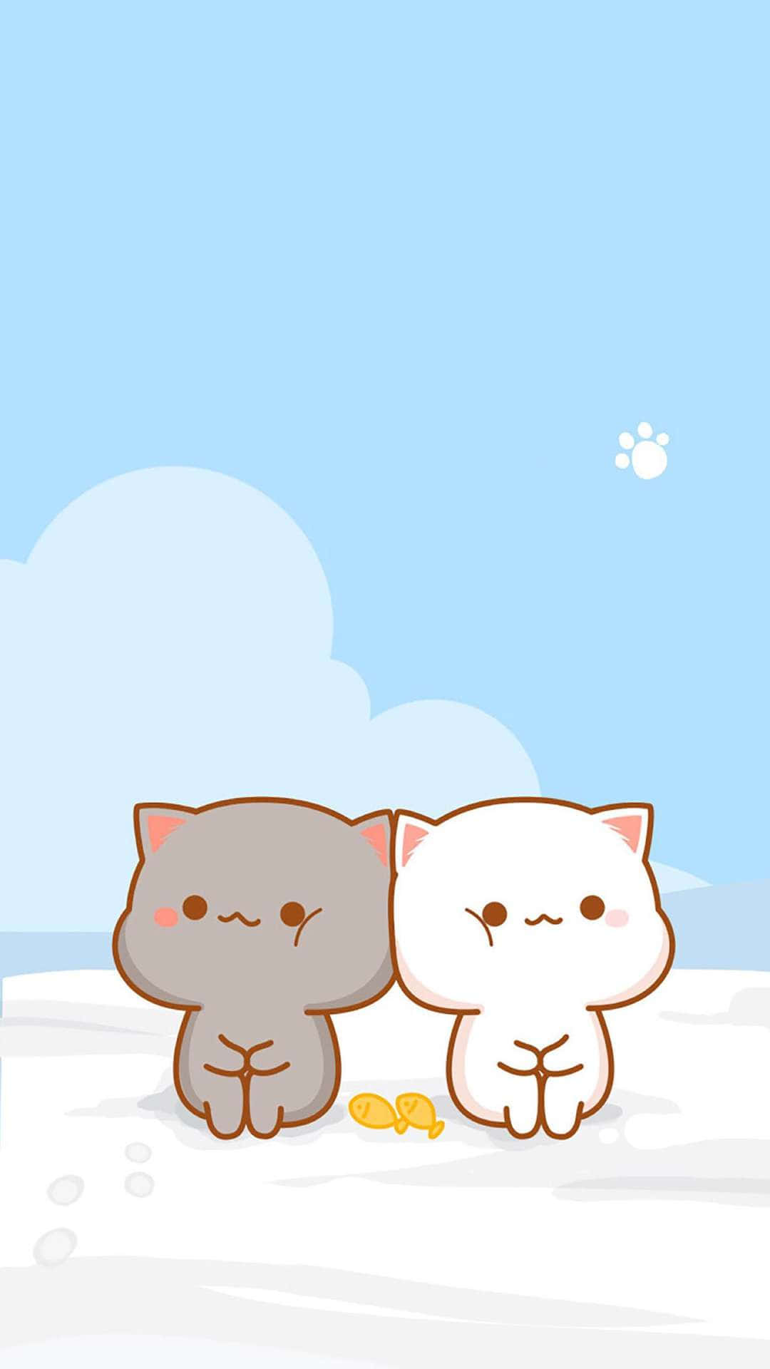 桌布 壁紙 — 兩隻可愛的卡通貓咪並肩坐在雪地上，頭上是晴朗的藍天和蓬鬆的雲朵。