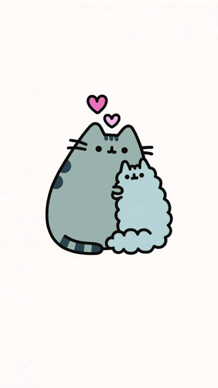 Cute Pusheen 桌布 壁紙 — 兩隻可愛的卡通貓咪依偎在一起，粉紅色的愛心漂浮在它們的頭頂上，背景是純白色。