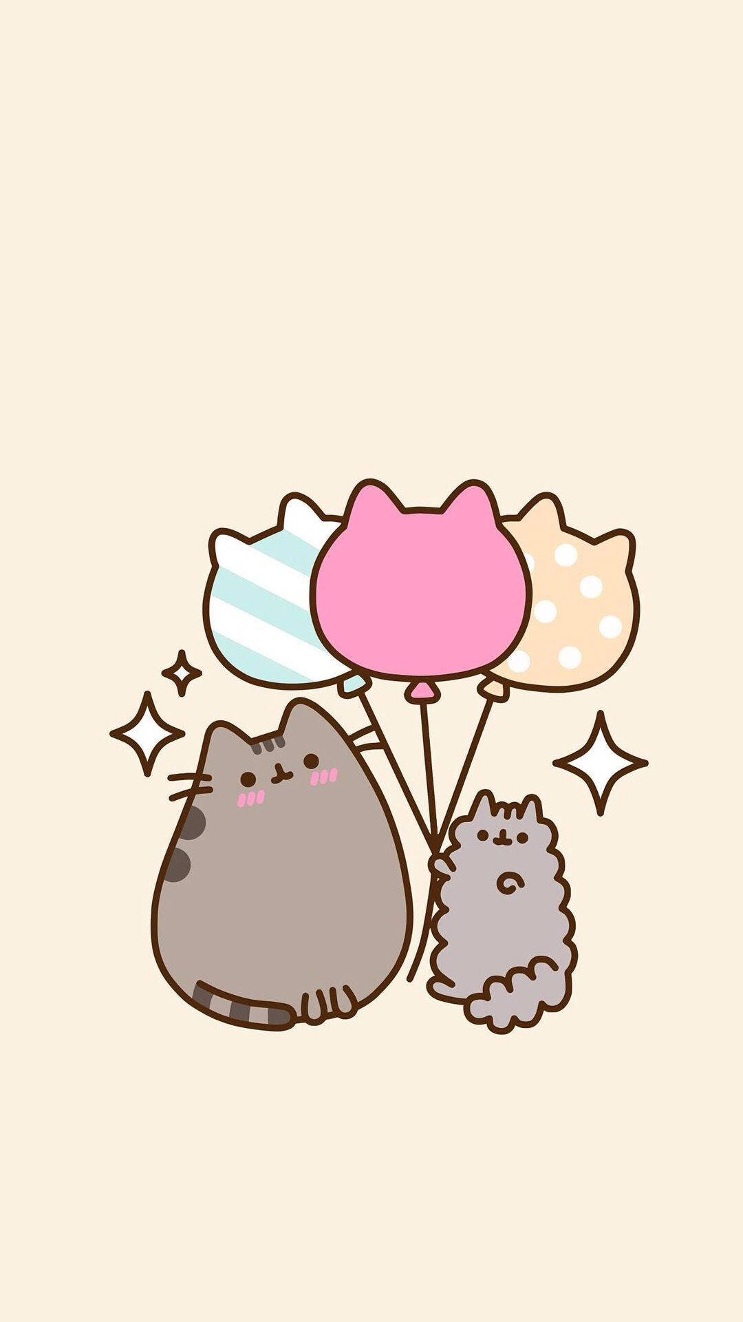 pusheen 動圖 桌布 壁紙 — 兩隻可愛的卡通貓咪在柔和的米色背景上拿著貓形氣球，帶有閃光。