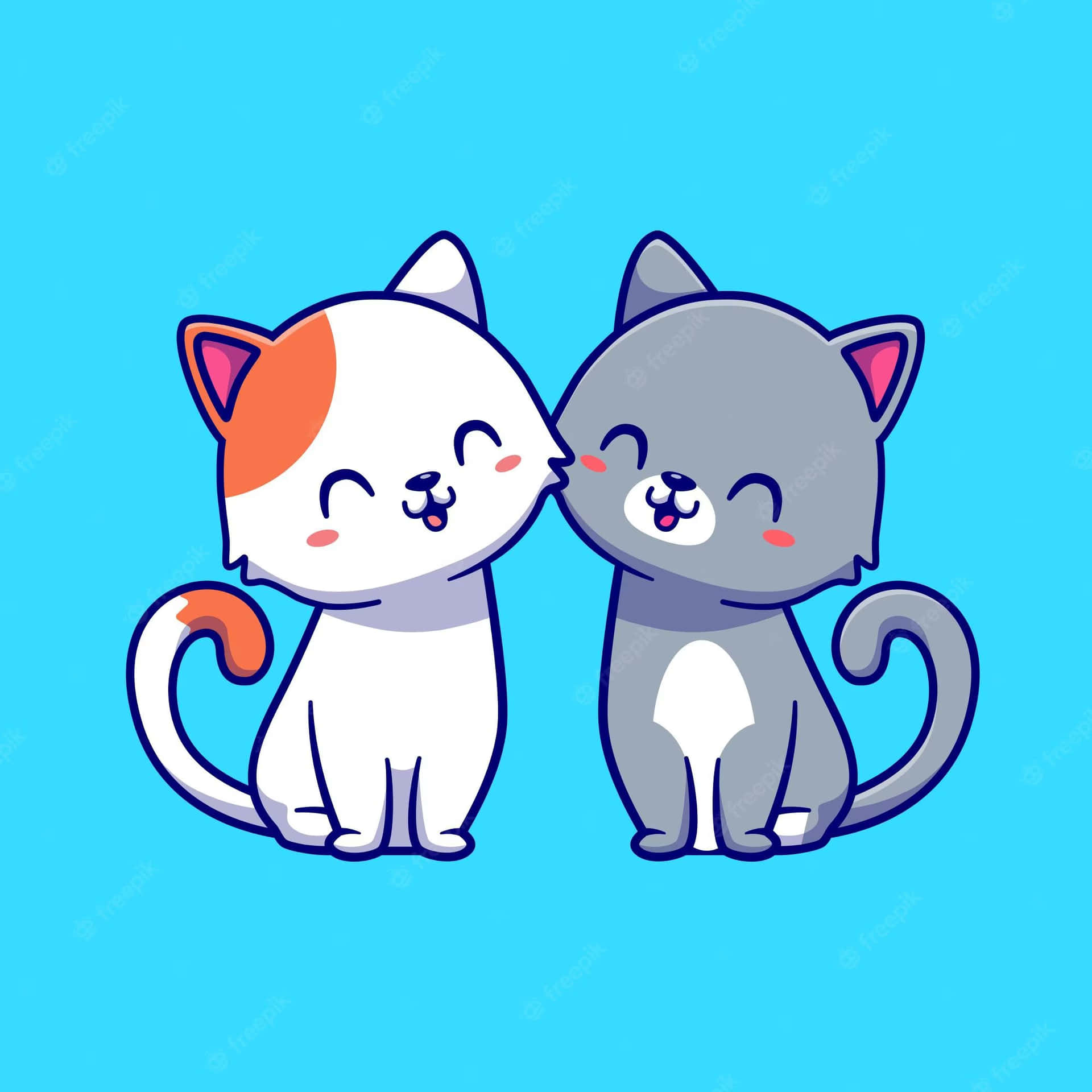 Matching Pfp 桌布 壁紙 — 兩隻可愛的卡通貓咪閉著眼睛，在純藍色背景上親暱地依偎。