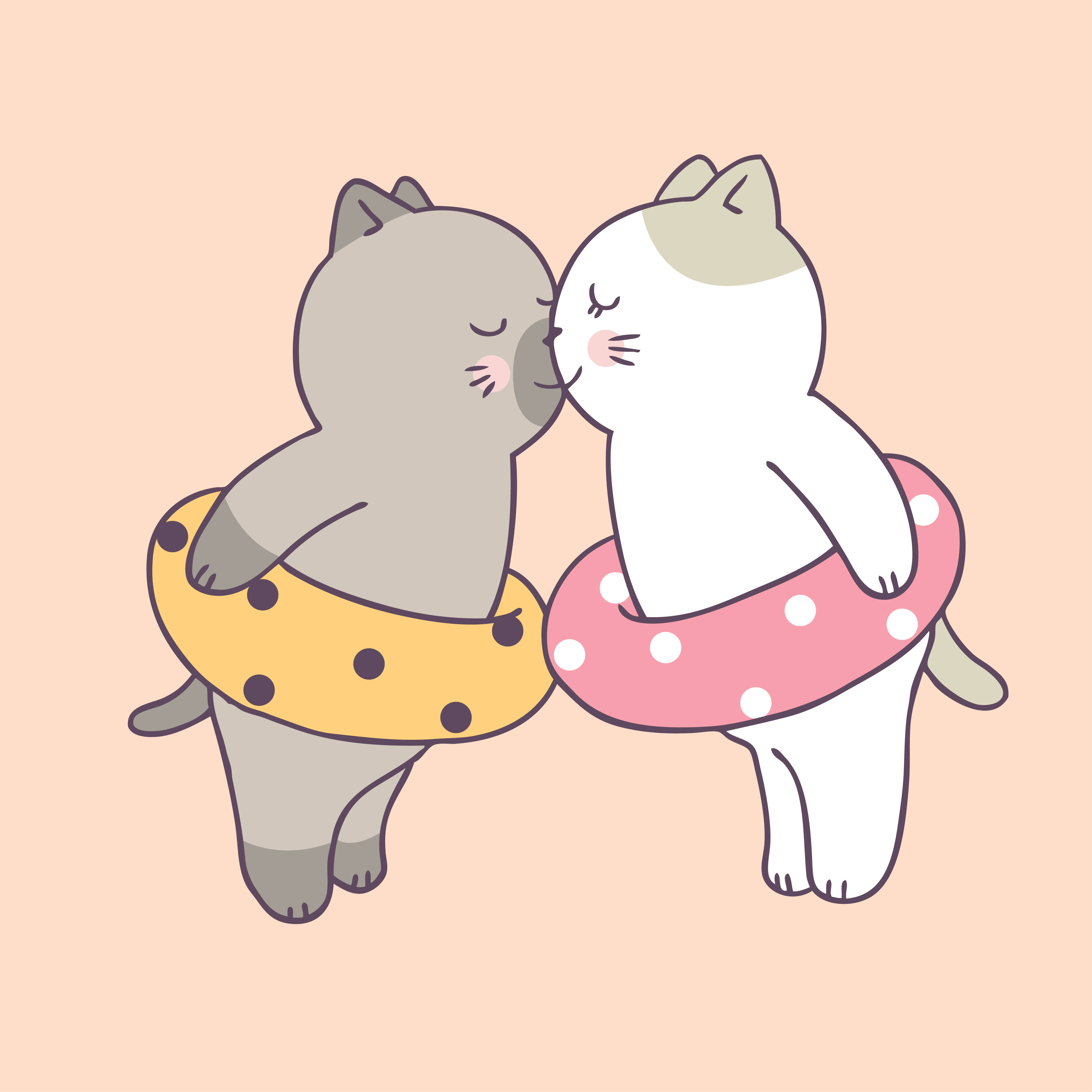 Cute Couple Cartoon 桌布 壁紙 — 兩隻可愛的卡通貓在彩色波點泳圈中，在柔和蜜桃色背景前分享一個甜蜜的吻。