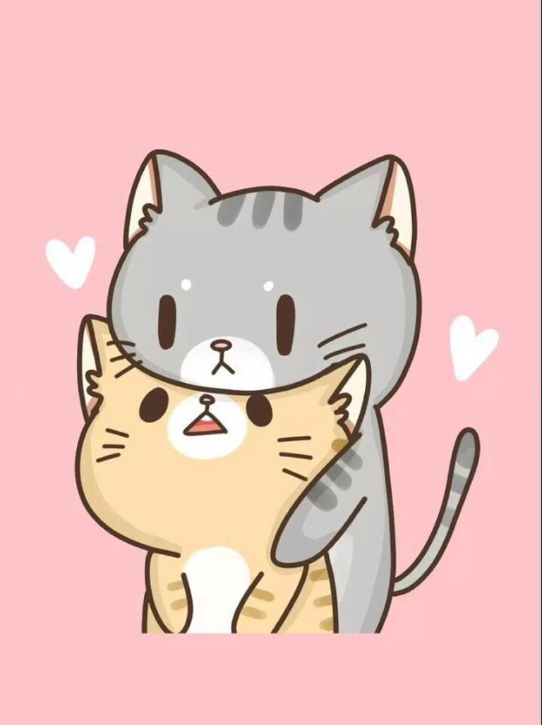 Cute Kawaii Cat 桌布 壁紙 — 兩隻可愛的卡通貓在柔和的粉紅色背景上親密依偎，周圍有漂浮的心形。