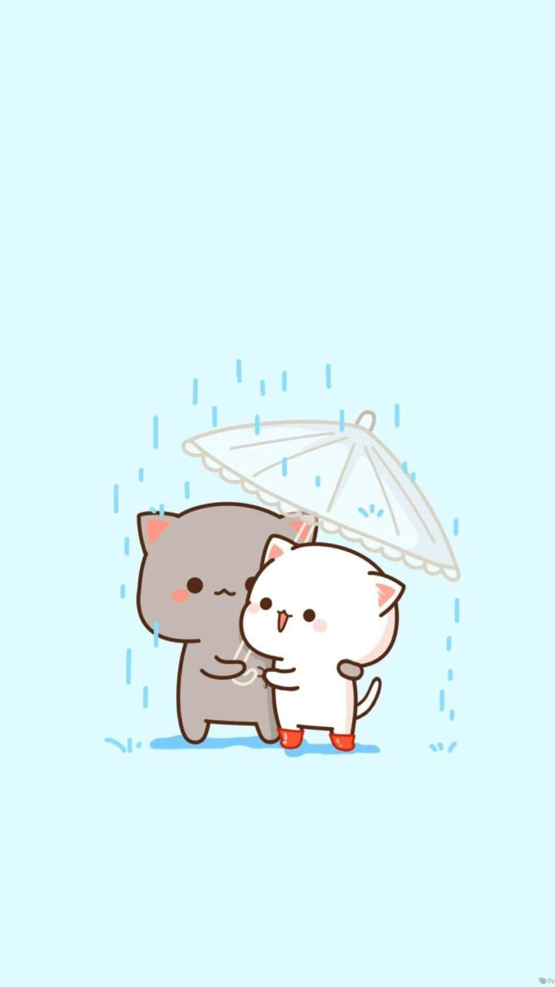 Kawaii Cartoon 桌布 壁紙 — 兩隻可愛的卡通貓在柔和的藍色背景下，在溫柔的雨中共享一把白色雨傘。