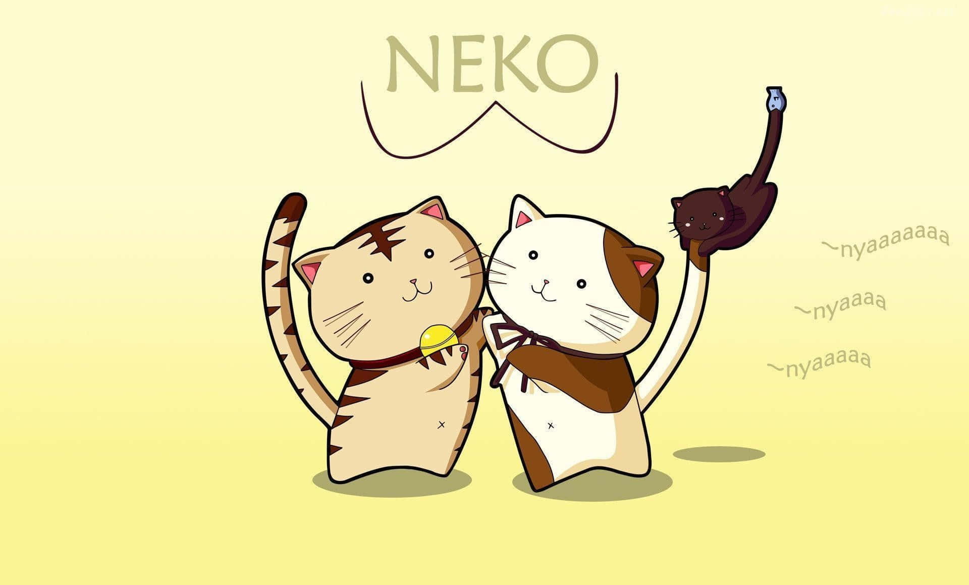 neko 桌布 壁紙 — 兩隻可愛的卡通貓在柔和的黃色背景上開心地擺姿勢，上方有NEKO字樣。