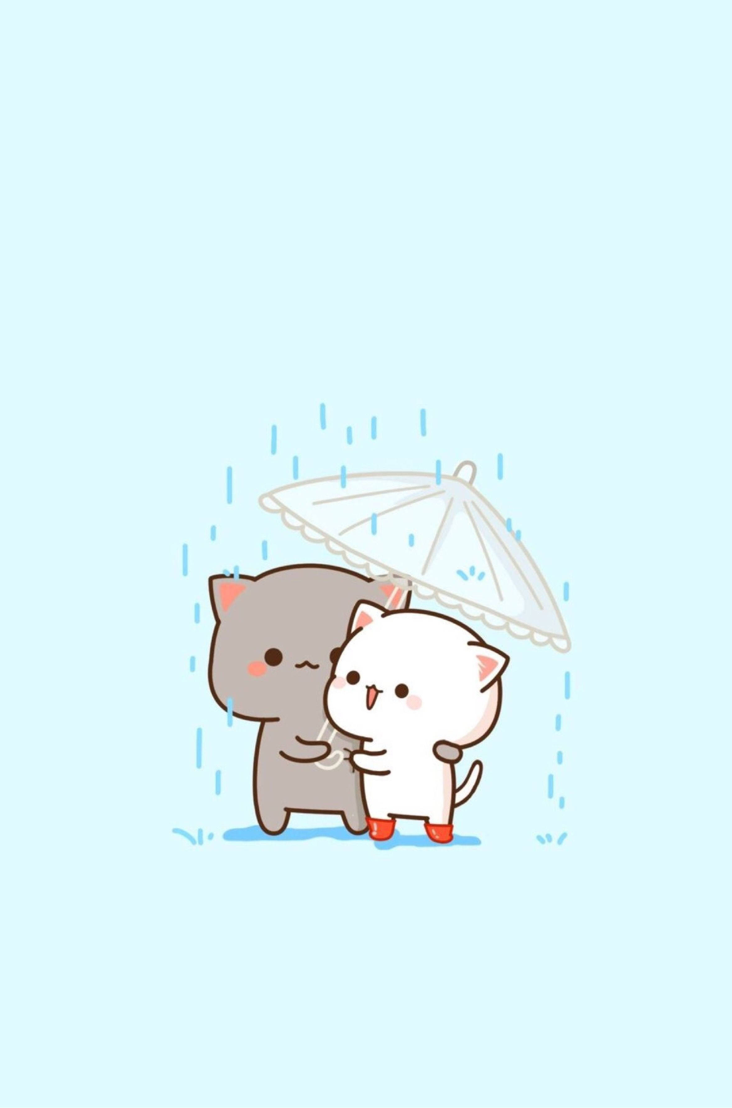Cute Kawaii Cat 桌布 壁紙 — 兩隻可愛的卡通貓在柔和藍色背景的細雨中共享一把白色雨傘。