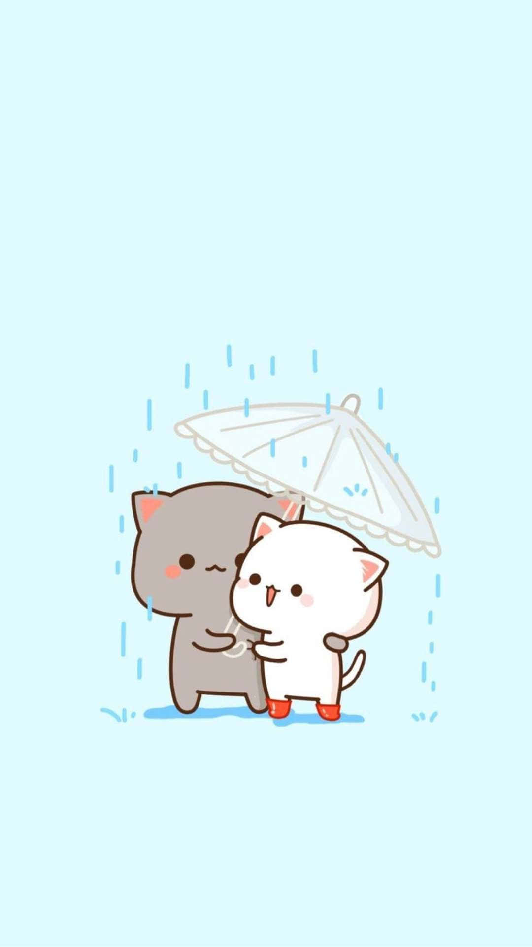 兩隻卡通貓在雨中擠在雨傘下。 — 卡通貓咪動圖 壁紙