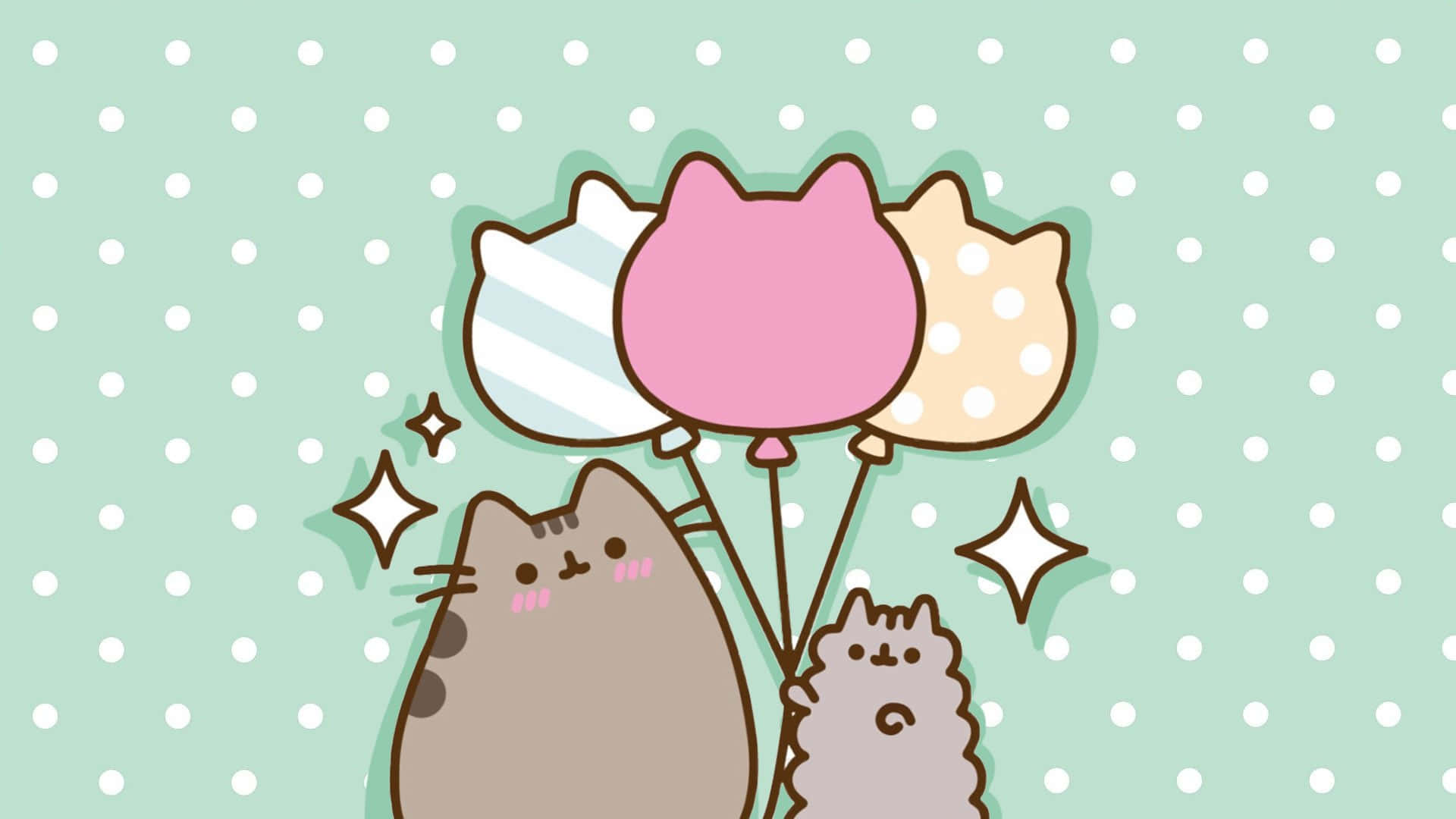 pusheen 動圖 桌布 壁紙 — 兩隻可愛的卡通貓在薄荷綠色圓點背景前拿著色彩繽紛的貓形氣球。