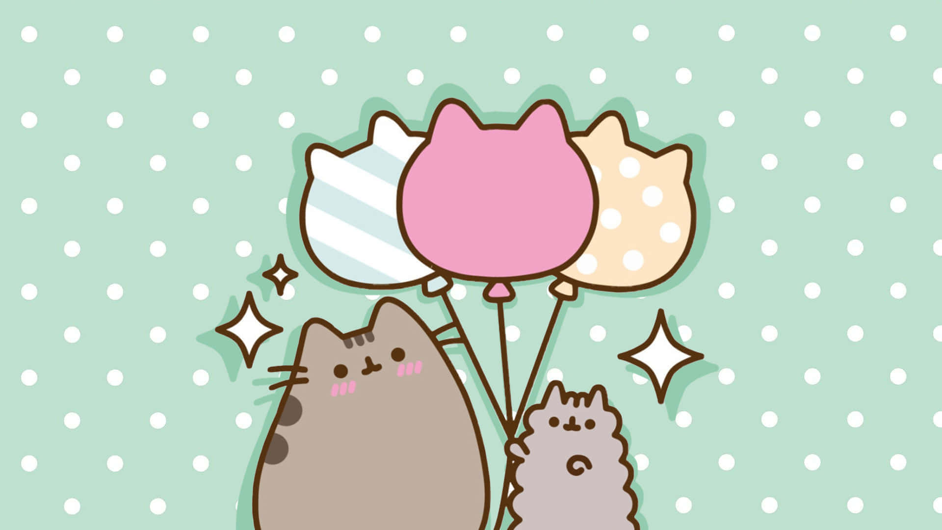 pusheen 動圖 桌布 壁紙 — 兩隻可愛的卡通貓在薄荷綠色圓點背景前拿著色彩繽紛的貓形氣球。