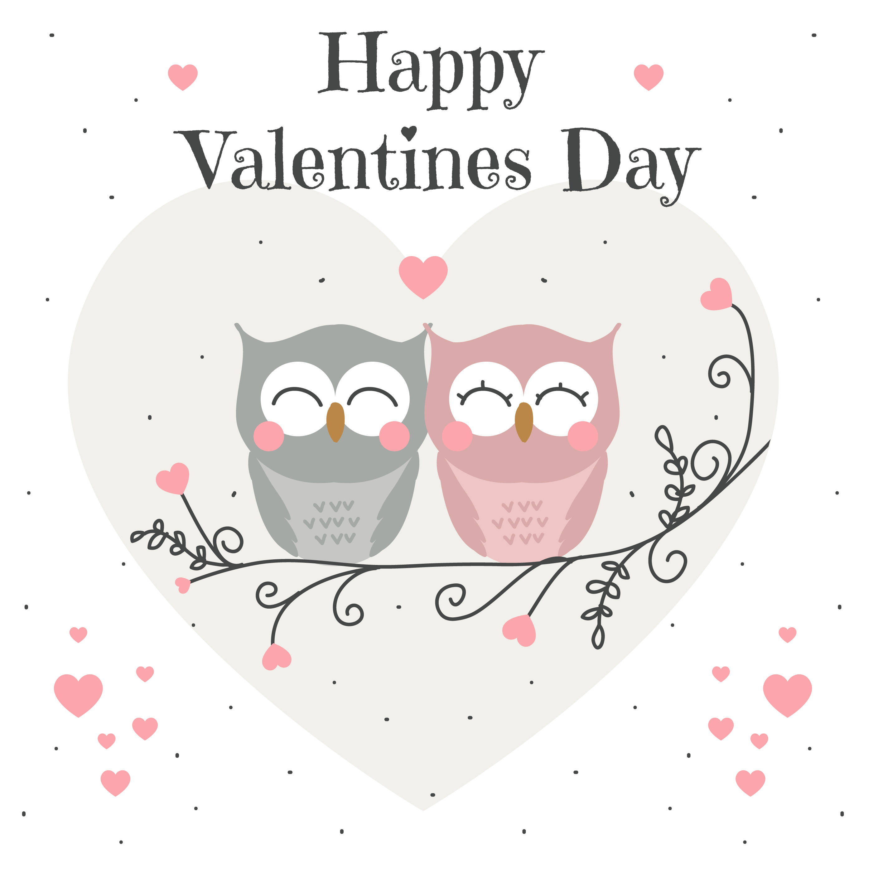 Valentines 桌布 壁紙 — 兩隻可愛的卡通貓頭鷹閉著眼睛棲息在一個被粉紅色心形包圍的心形內的樹枝上，並帶有文字 Happy Valentines Day。