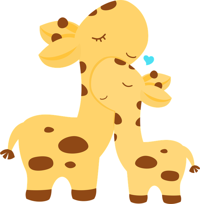 giraffes 桌布 壁紙 — 兩隻可愛的卡通長頸鹿閉上眼睛，在黑色背景上親切地依偎，頭附近漂浮著一個小小的藍色愛心。