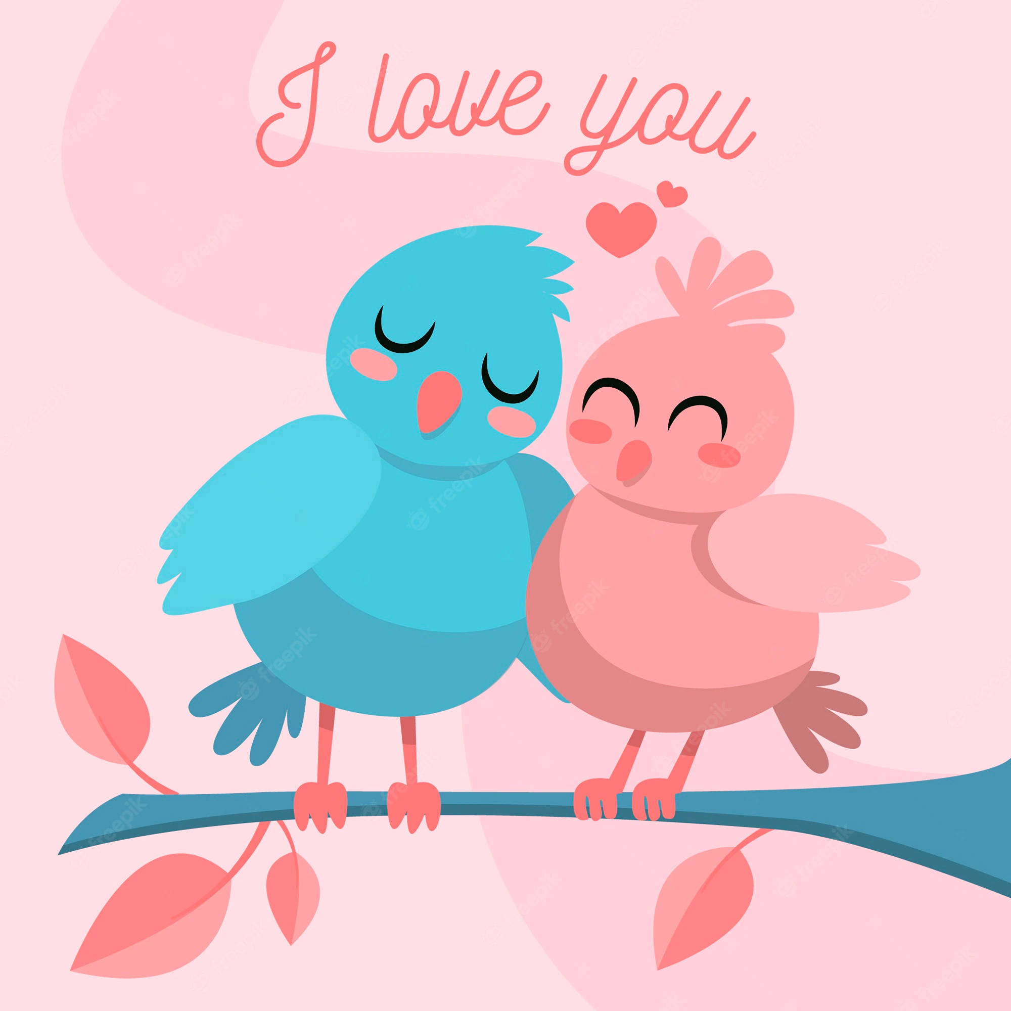 birds 桌布 壁紙 — 兩隻可愛的卡通鳥，一藍一粉紅，棲息在樹枝上，有心形圖案和「我愛你」的文字，背景是柔和的粉紅色。