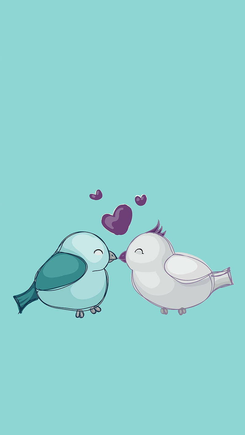 birds 桌布 壁紙 — 兩隻可愛的卡通鳥閉著眼睛在帶有漂浮紫色心形的青綠色背景上互相依偎。