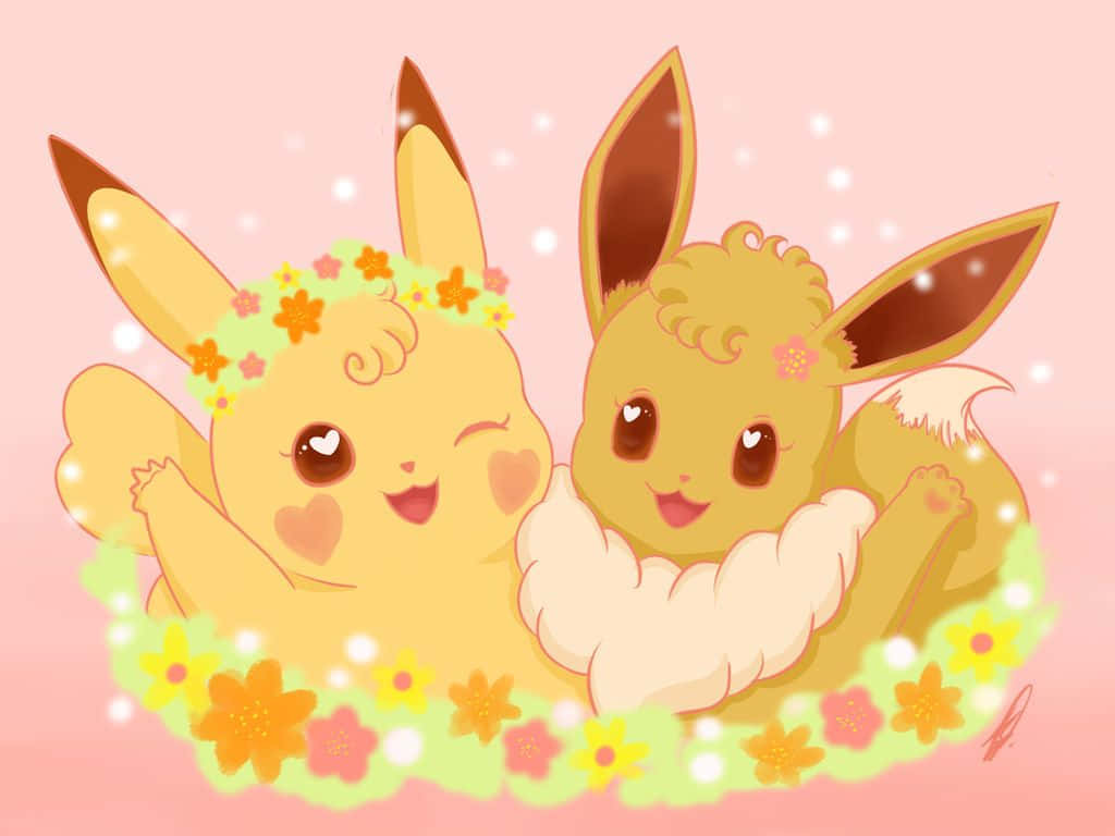 Cute Pikachu And Eevee 桌布 壁紙 — 兩隻可愛的寶可夢，皮卡丘和伊布，在柔和的粉紅色背景前被花環圍繞，開心地依偎在一起。