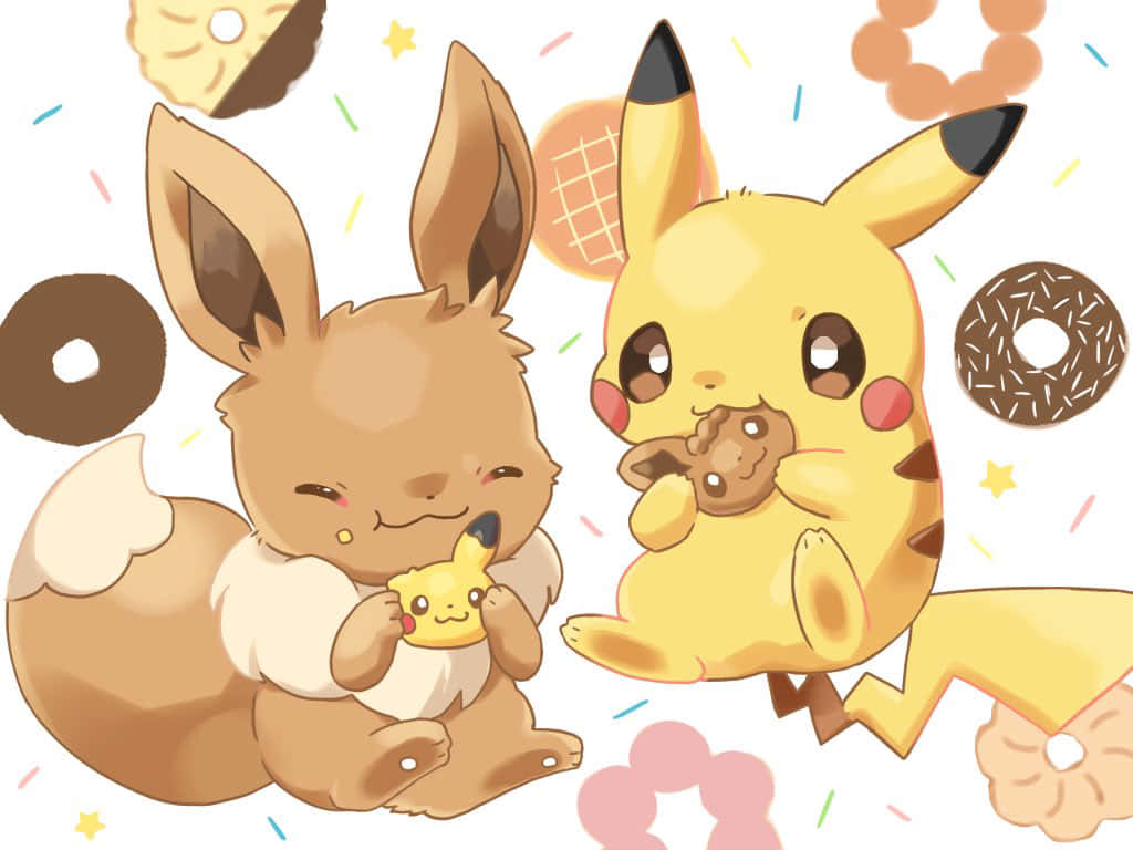 Cute Pikachu And Eevee 桌布 壁紙 — 兩隻可愛的寶可夢伊布和皮卡丘在五彩繽紛的糖粒和糕點之間快樂地分享甜甜圈。