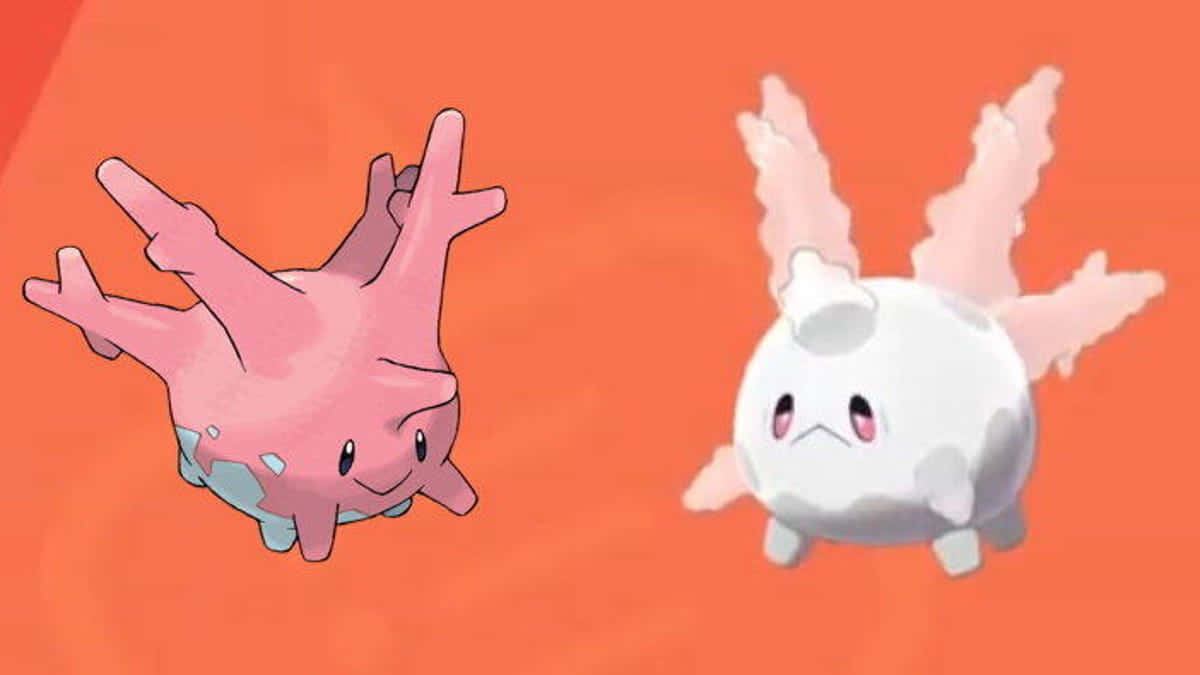 Corsola 桌布 壁紙 — 兩隻可愛的寶可夢在純橙色背景上漂浮，一隻粉紅色像珊瑚，另一隻白色像雲有粉紅色翅膀。