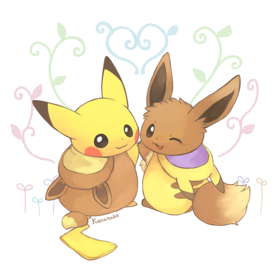Cute Pikachu And Eevee 桌布 壁紙 — 兩隻可愛的寶可夢皮卡丘和伊布在柔和的粉彩背景中擁抱愛心和藤蔓。
