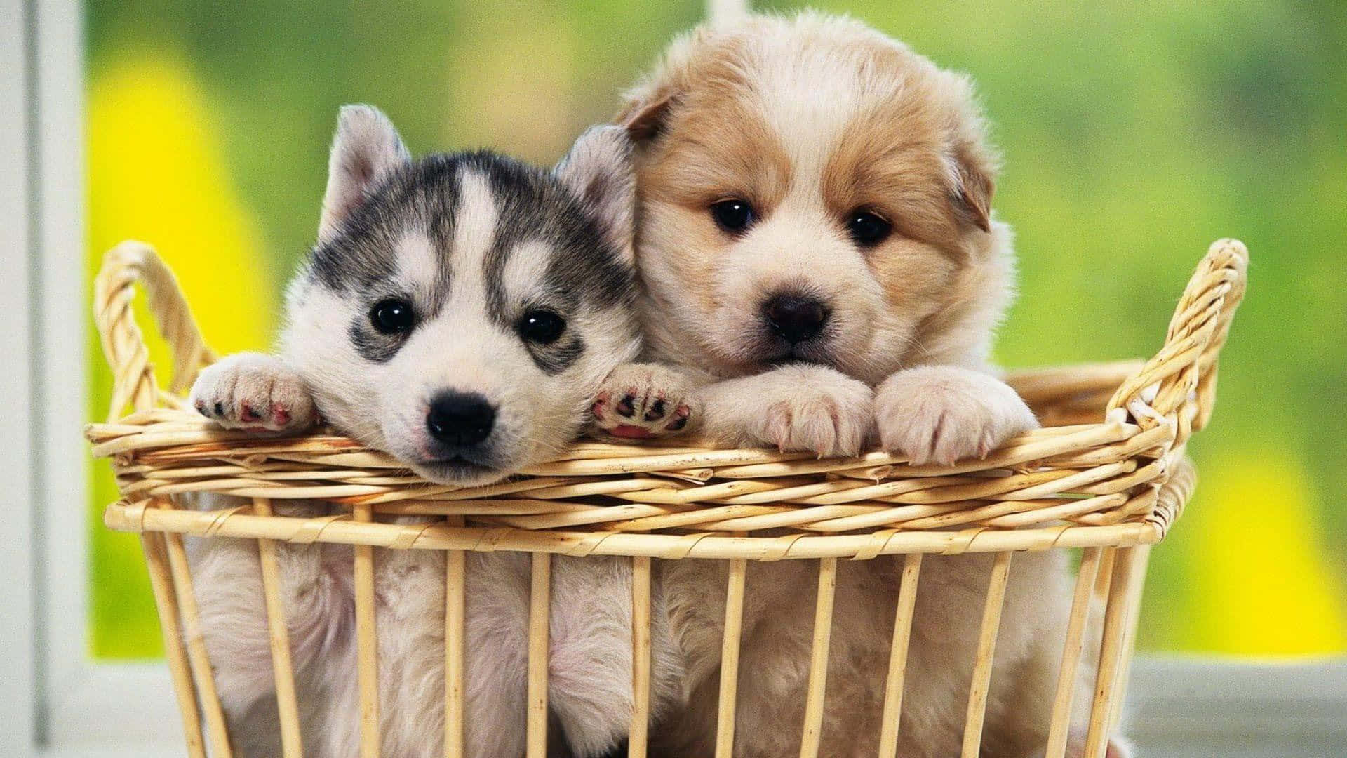 Fluffy Puppy 桌布 壁紙 — 兩隻可愛的小狗，一隻哈士奇和一隻黃金獵犬，將爪子擱在編織籃子的邊緣，用大眼睛向前凝視。