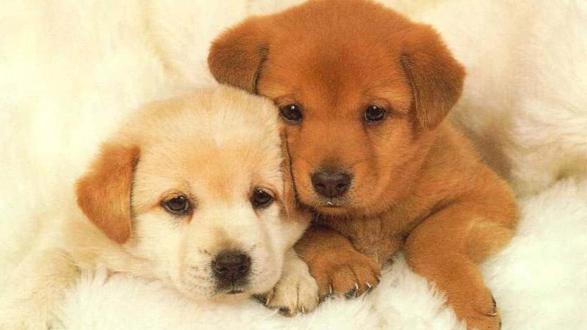Dogs 桌布 壁紙 — 兩隻可愛的小狗，一隻是奶油色，一隻是金色，依偎在柔軟的白色毯子上休息，溫柔地看著觀眾。