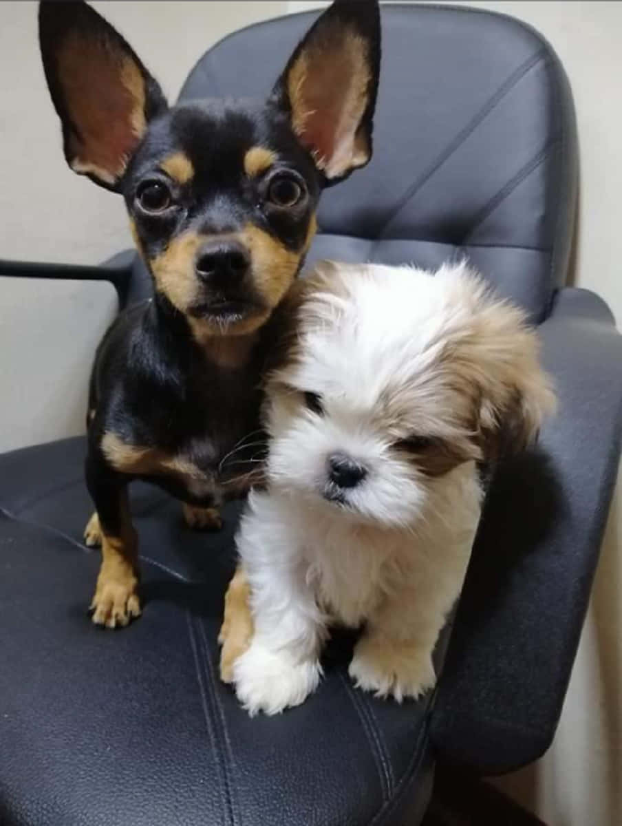 Chihuahua 桌布 壁紙 — 兩隻可愛的小狗，一隻黑色棕褐色大耳朵，一隻蓬鬆白色棕褐色，一起坐在黑色辦公椅上。
