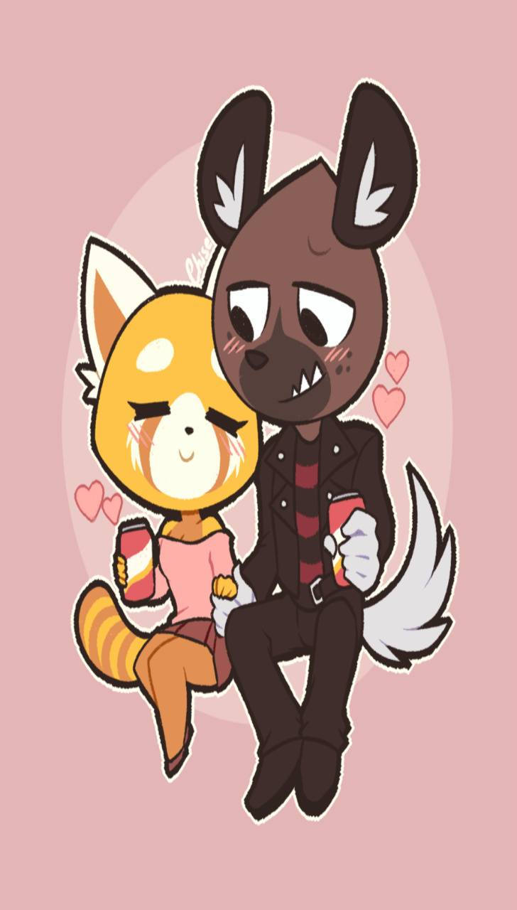 衝吧烈子 桌布 壁紙 — 兩隻可愛的擬人化動物在柔軟的粉紅色背景上緊緊依偎，周圍漂浮著愛心。