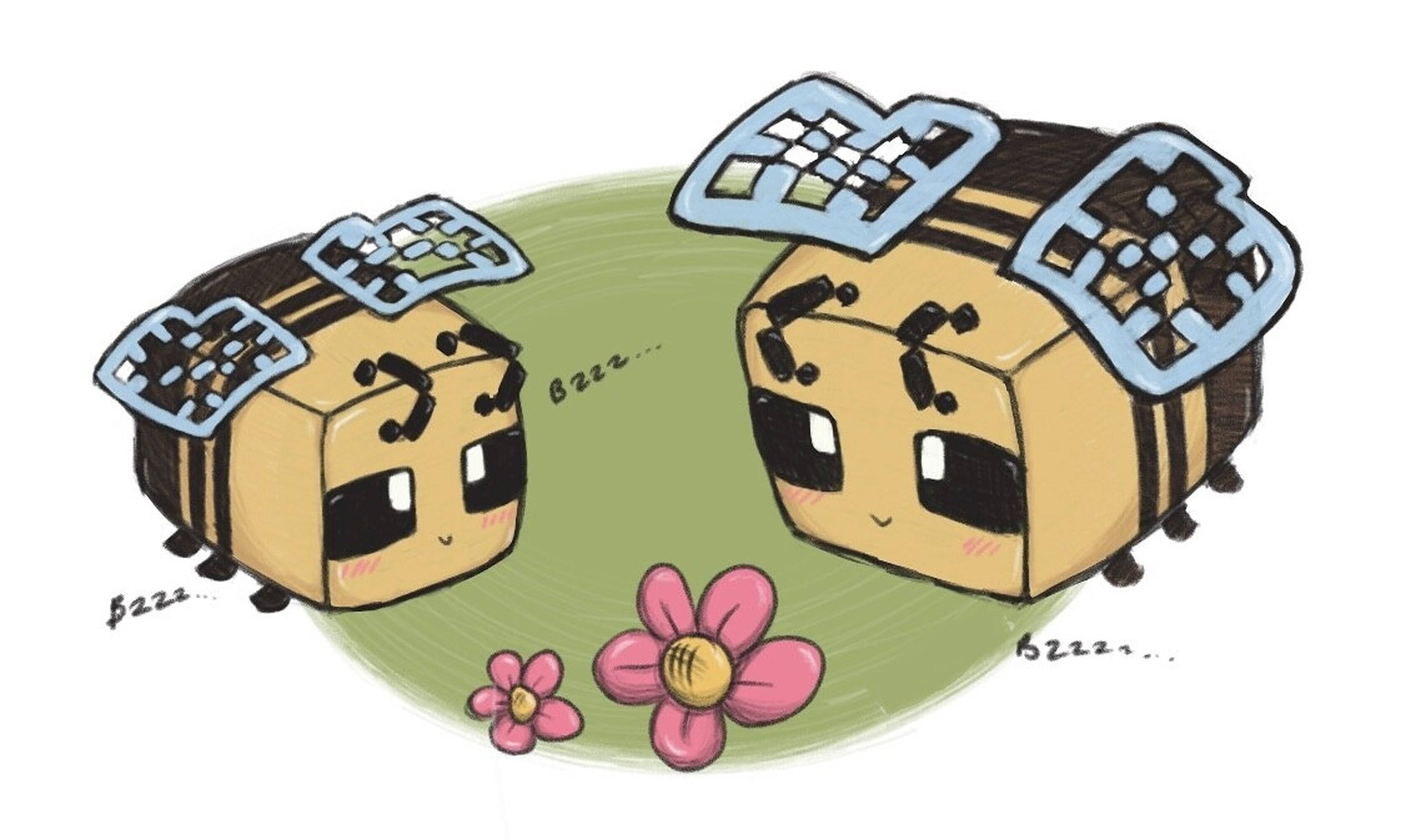 我的世界 蜜蜂 桌布 壁紙 — 兩隻可愛的方塊蜜蜂，帶有像素化翅膀，在綠色地塊上的粉紅色花朵附近嗡嗡作響。