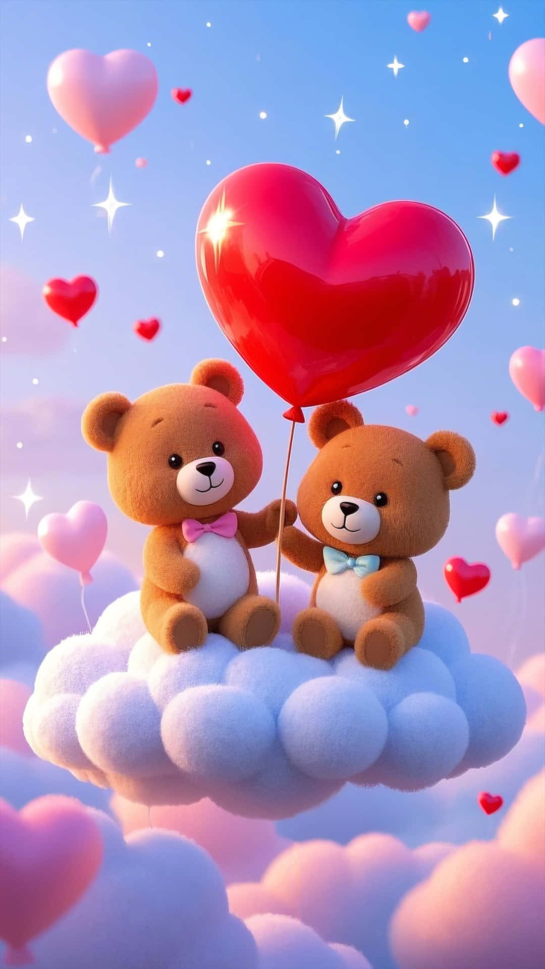 3D teddy bears cuddling on a cloud with heart balloon 壁紙 — 兩隻可愛的棕色泰迪熊坐在蓬鬆的雲朵上，拿著一個巨大的紅色心形氣球，周圍環繞著漂浮的心形和星星。
