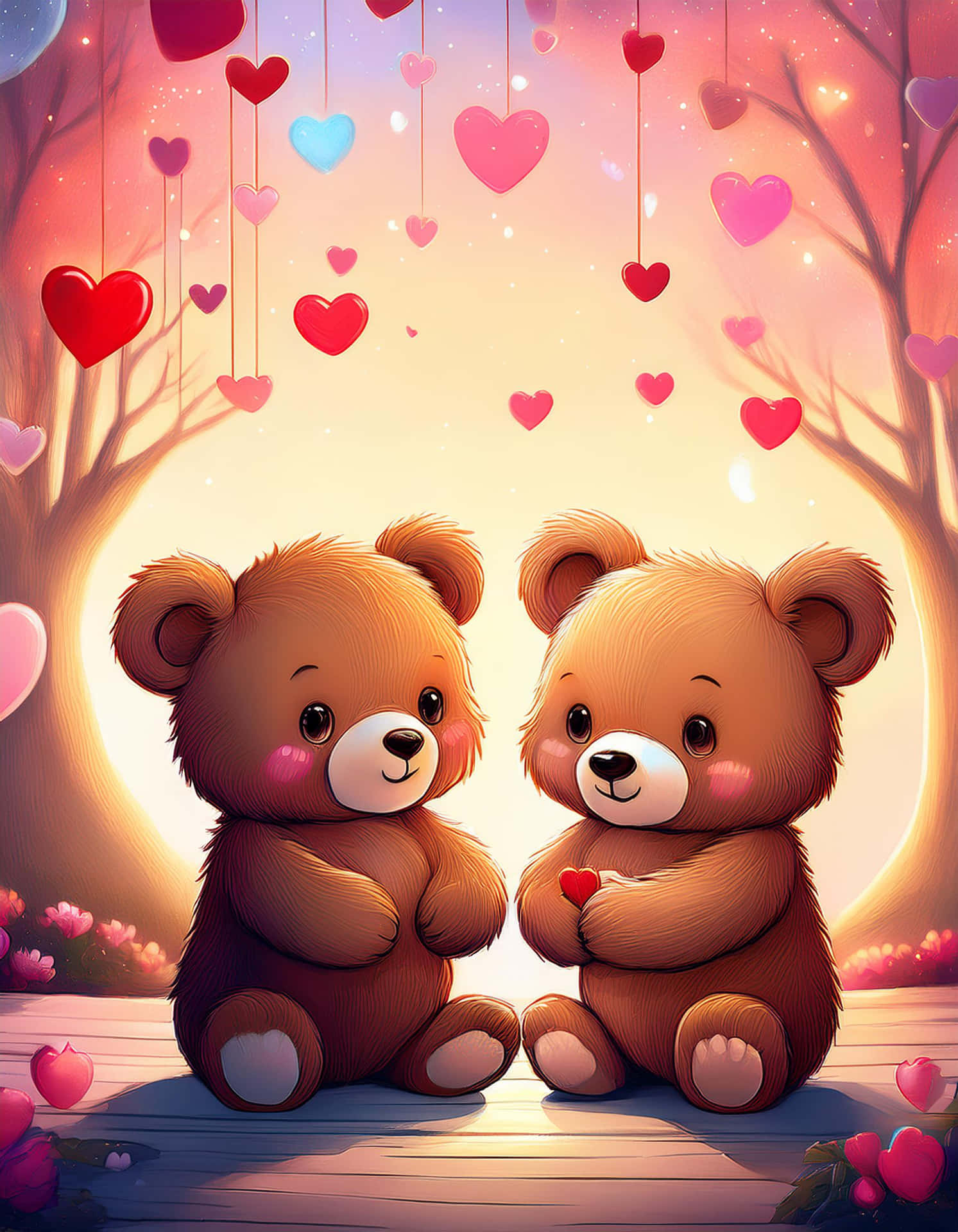 The Magical World of Bears 壁紙 — 兩隻可愛的棕色泰迪熊面對面坐在一棵發光的樹下，樹上有粉紅色和藍色調的漂浮心形。