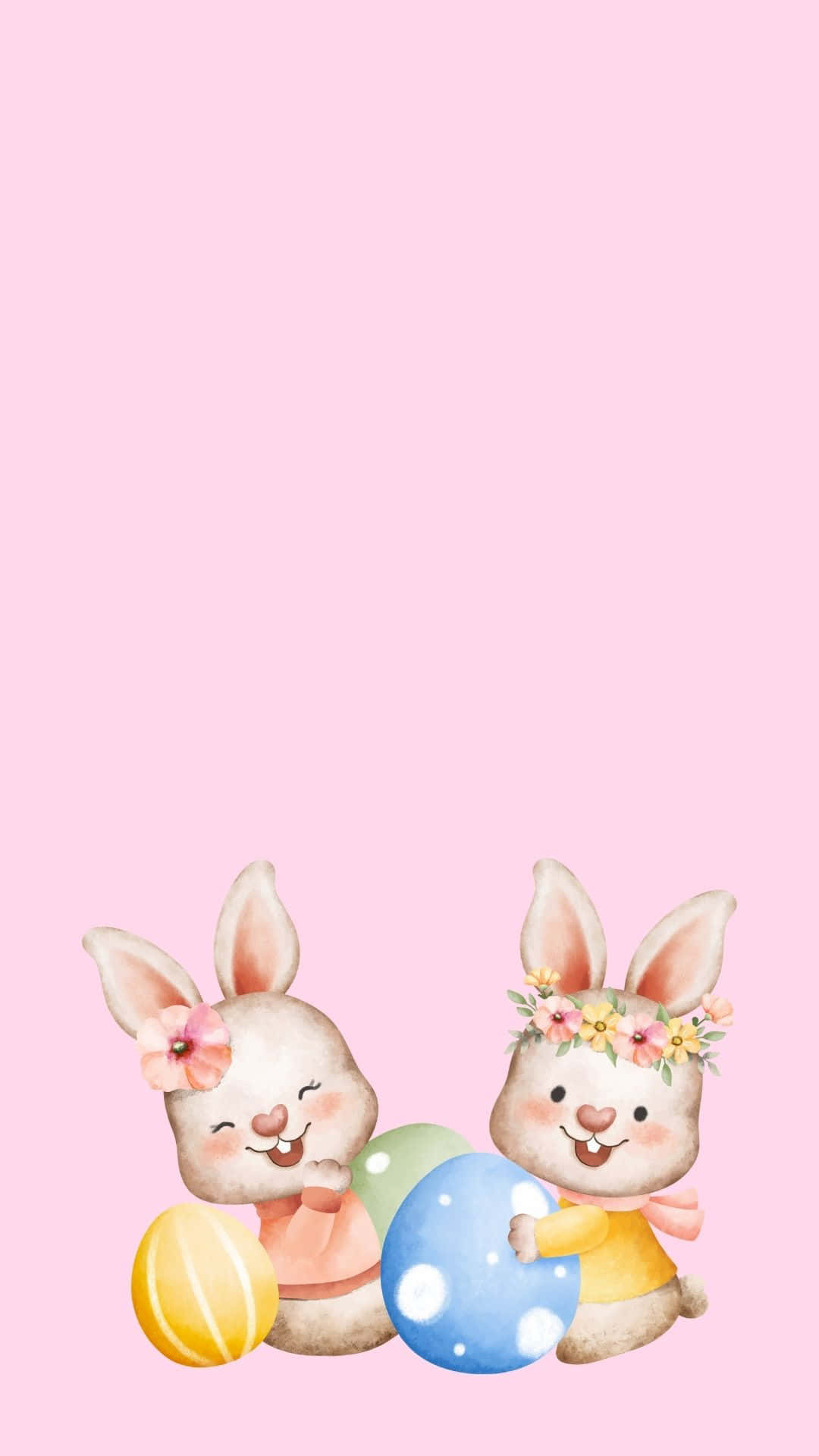 Easter Bunny 桌布 壁紙 — 兩隻可愛的水彩兔子戴著花冠，在柔和的粉紅色背景上拿著色彩繽紛的復活節蛋。