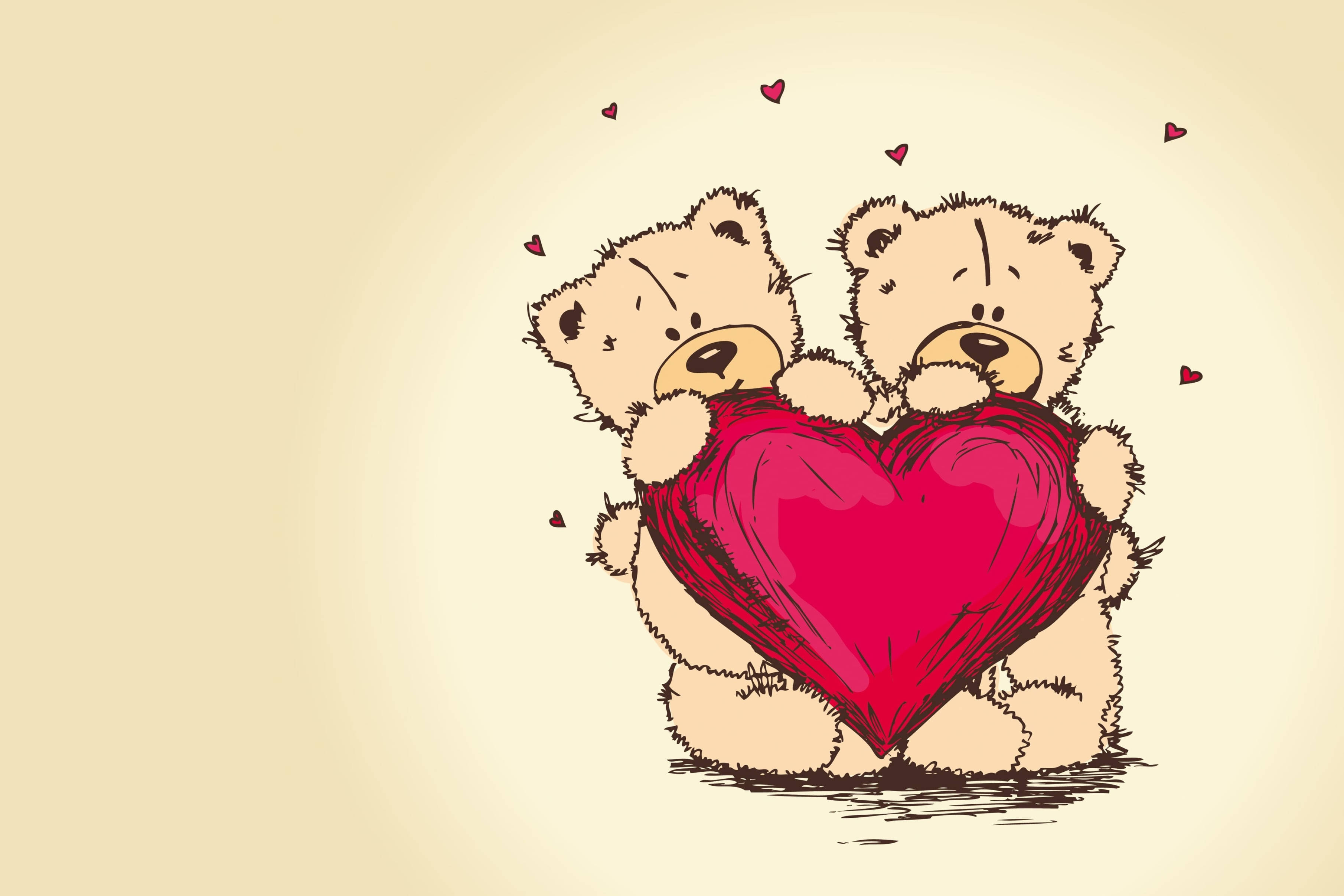 Love Drawings 桌布 壁紙 — 兩隻可愛的泰迪熊抱著一個大紅色愛心，周圍有漂浮的愛心，背景是柔和的米色。