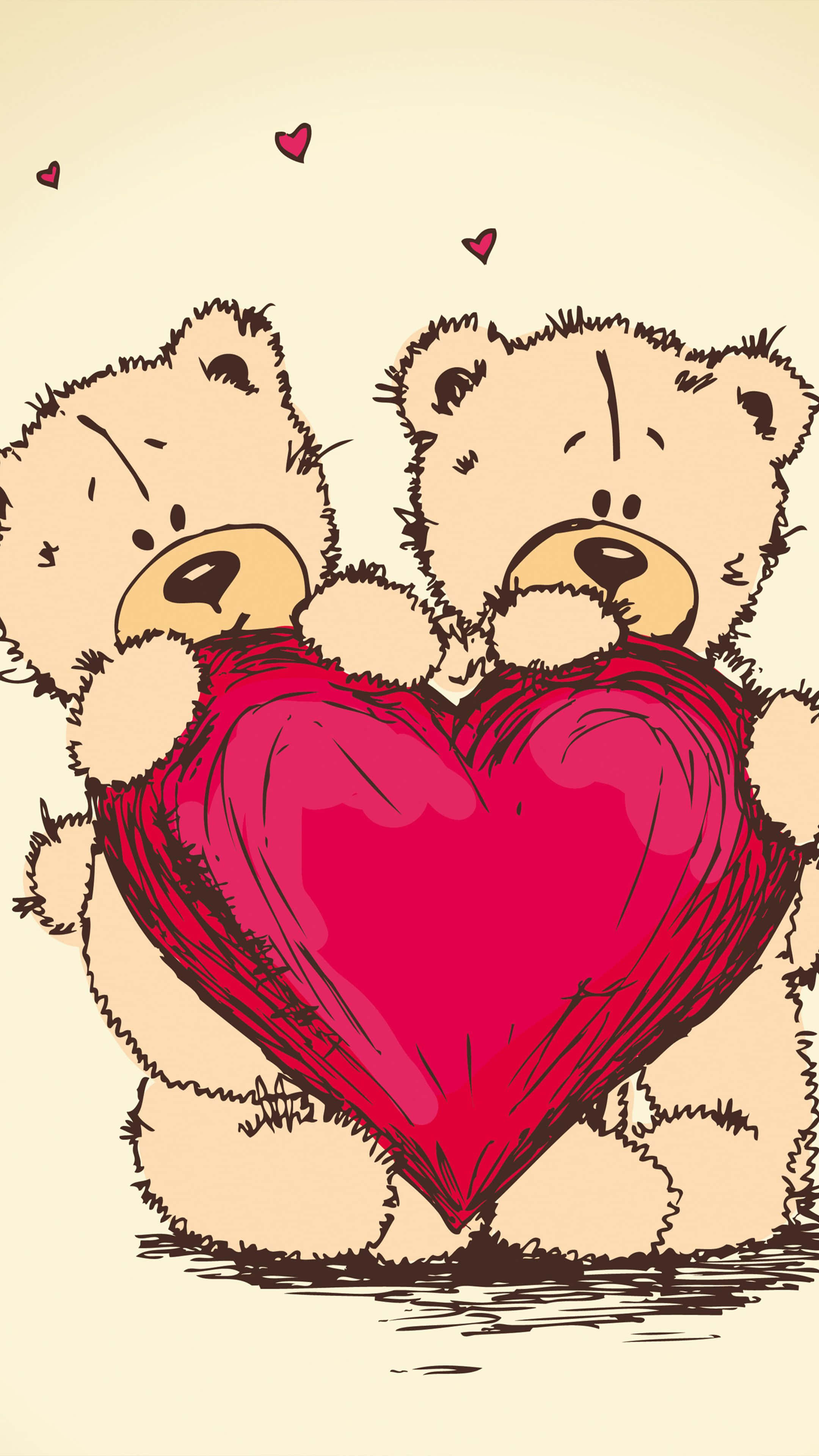 Teddy Bear 桌布 壁紙 — 兩隻可愛的泰迪熊擁抱一個大紅色愛心，上方有漂浮的愛心，背景是柔和的米色。
