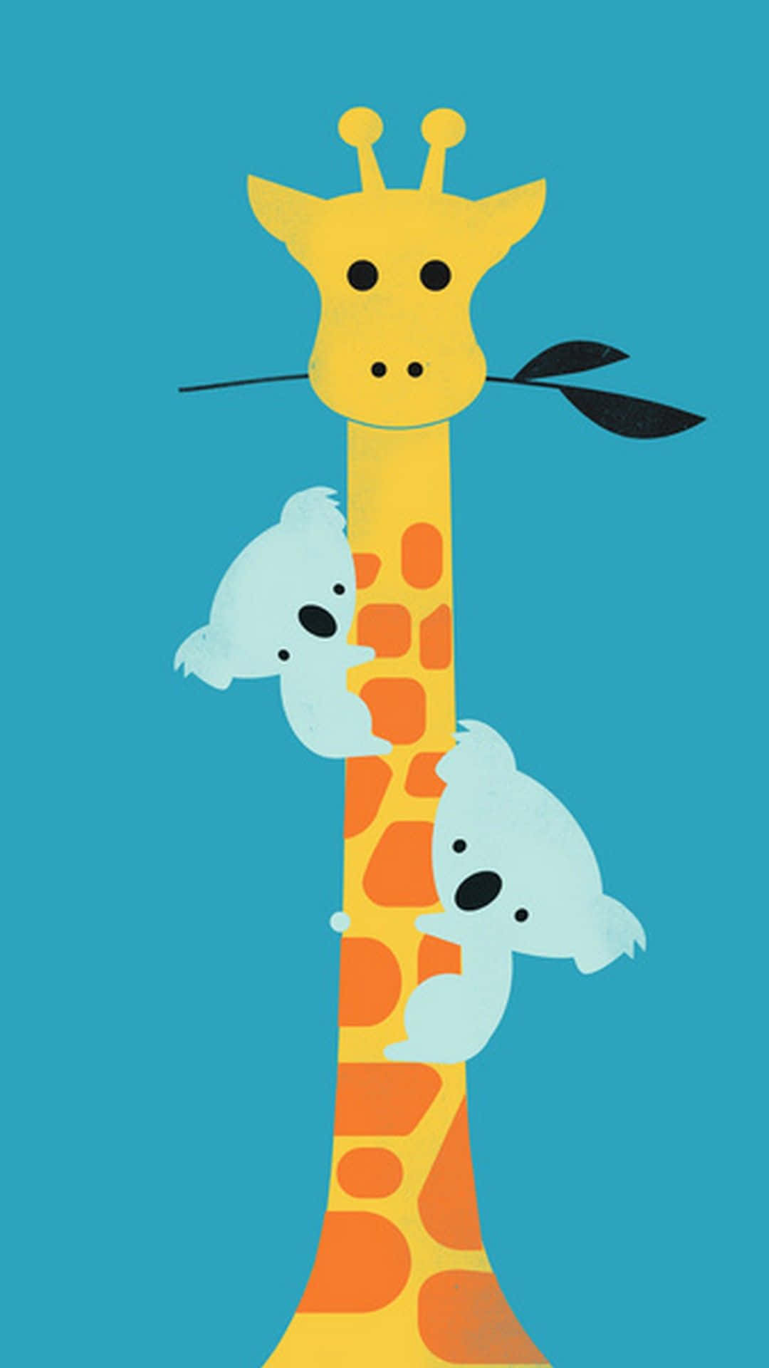 Kawaii Giraffe 桌布 壁紙 — 兩隻可愛的無尾熊在純藍綠色背景上抓住一隻風格化的黃色長頸鹿。