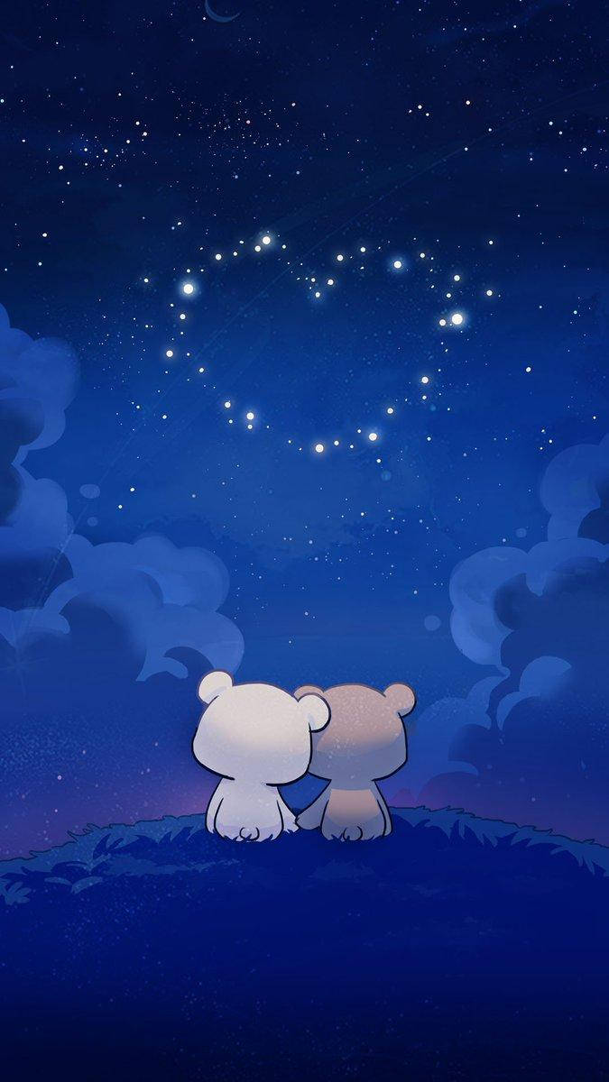 兩隻熊坐在山丘上，仰望夜空中心形的星星星座。 — 深藍色美學動圖 壁紙