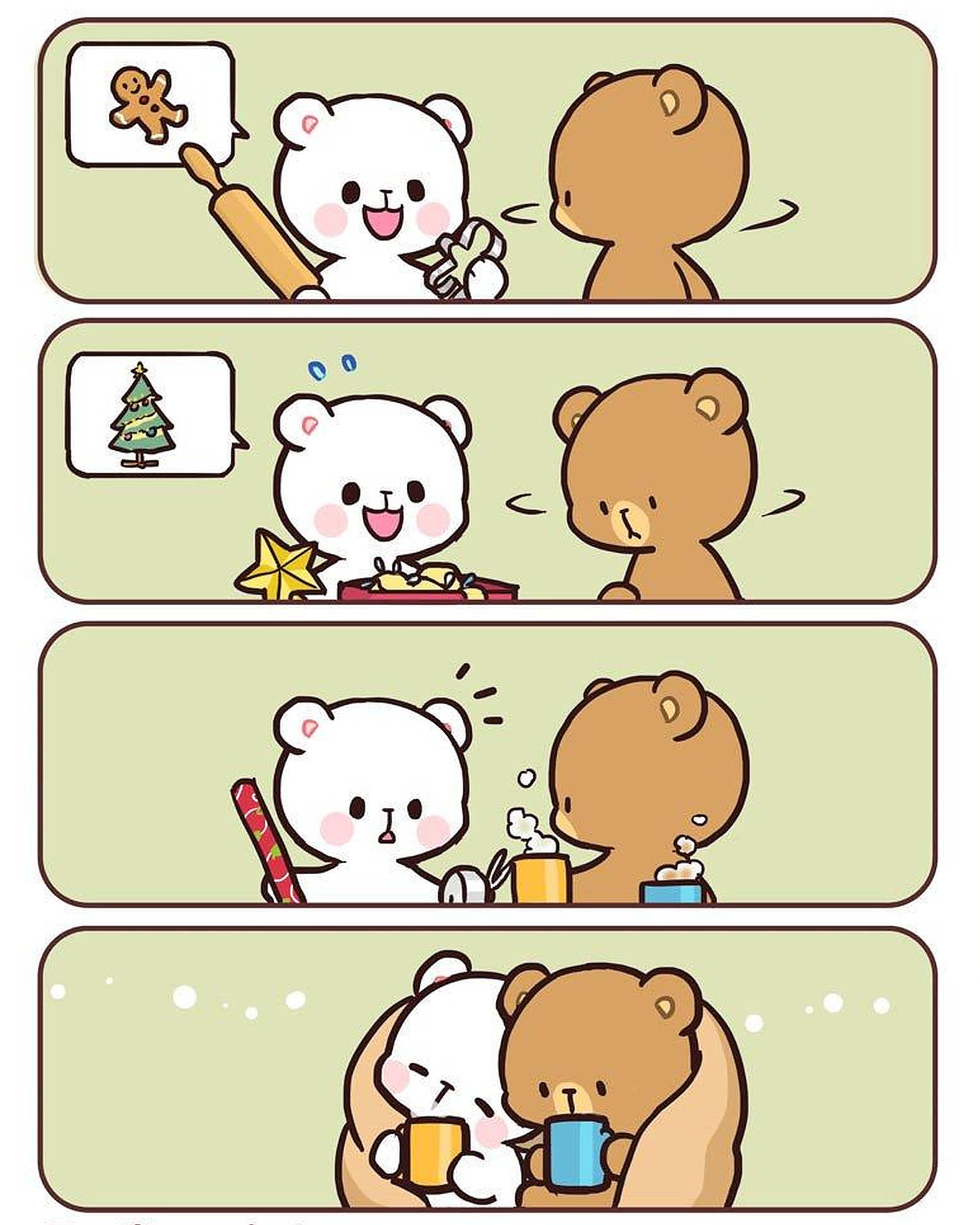 milk and mocha 桌布 壁紙 — 兩隻可愛的熊快樂地慶祝節日，有薑餅、聖誕樹、禮物和熱飲，然後依偎在一起。