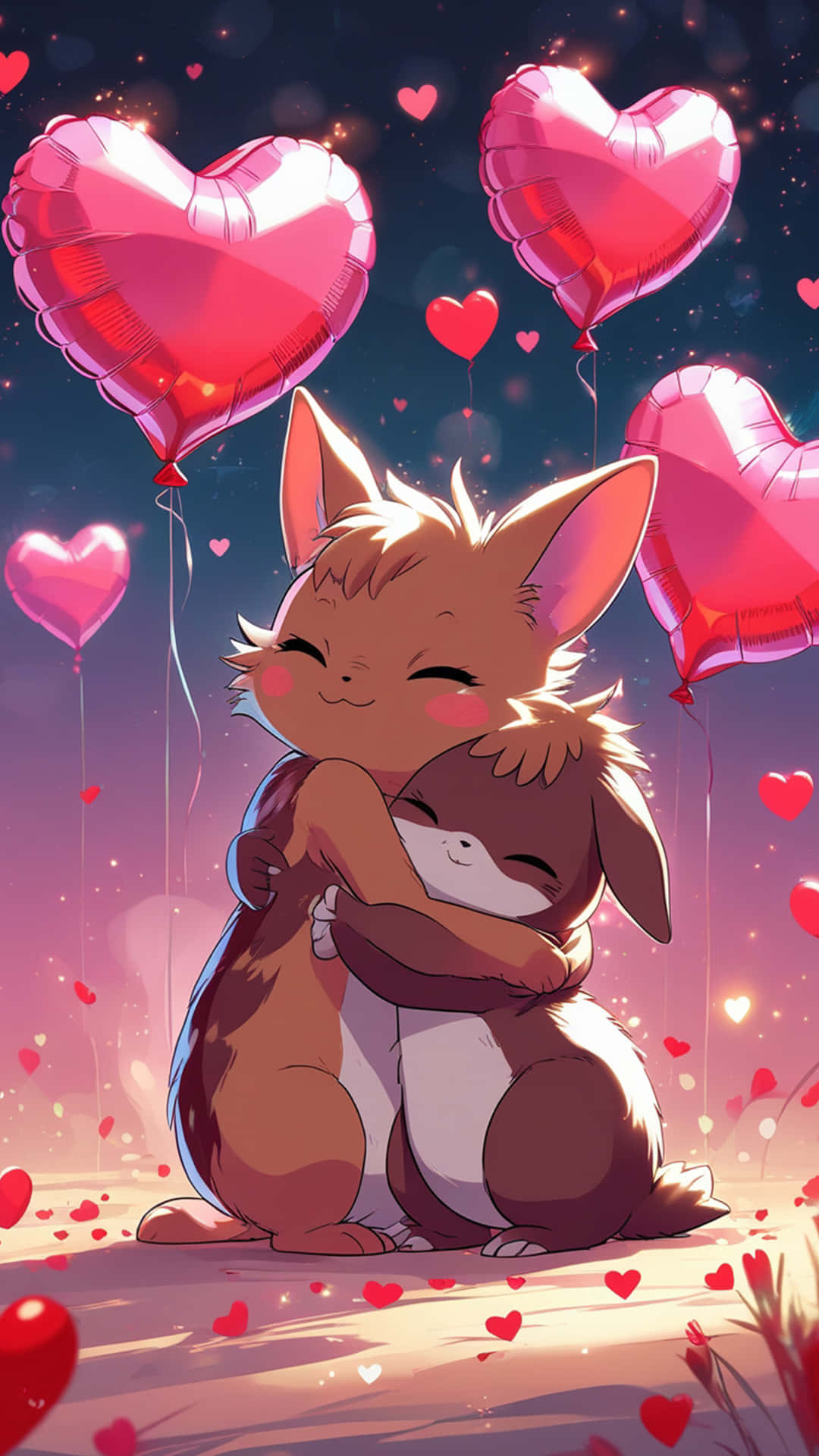 Silent Love Feels the Loudest ❤️ 壁紙 — 兩隻可愛的狐狸般生物在閃爍的粉紅色心形氣球下溫暖擁抱，背景是星光閃爍的暮色天空。