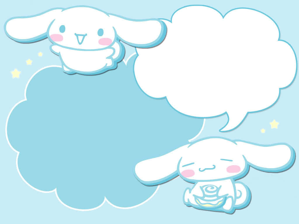 Cinnamoroll Laptop 桌布 壁紙 — 兩隻可愛的白色兔兔角色漂浮在大型對話氣泡旁邊，背景是帶有小星星的柔和藍色。