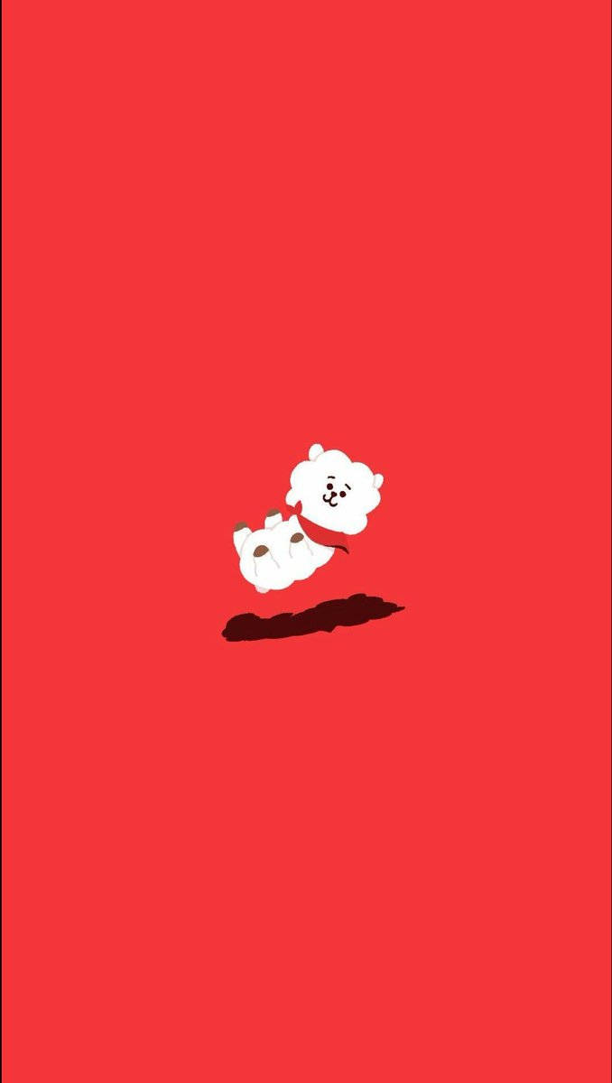 BT21 桌布 壁紙 — 兩隻可愛的白色卡通狗戴著紅色圍巾，在純紅色背景上歡快地跳躍。