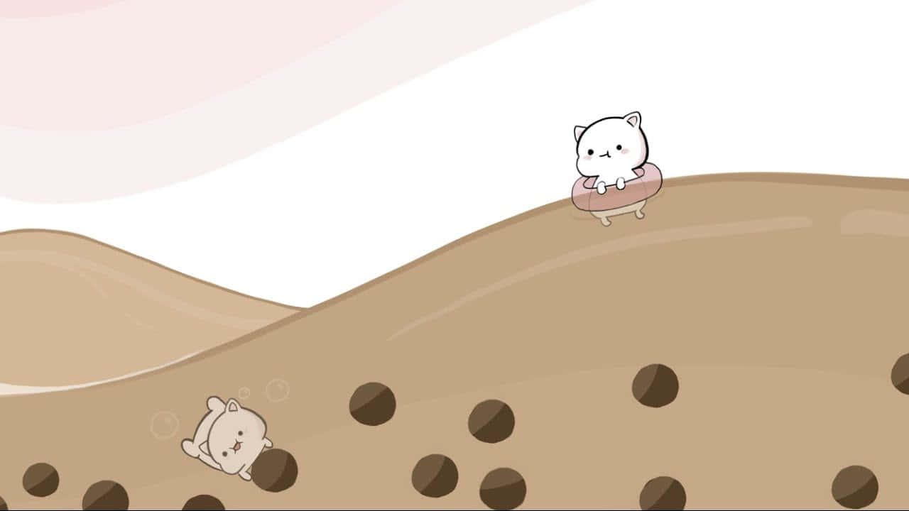 Cats 桌布 壁紙 — 兩隻可愛的白貓在棕色珍珠奶茶珍珠的田野中玩耍，背景是柔和的粉紅色和白色天空。