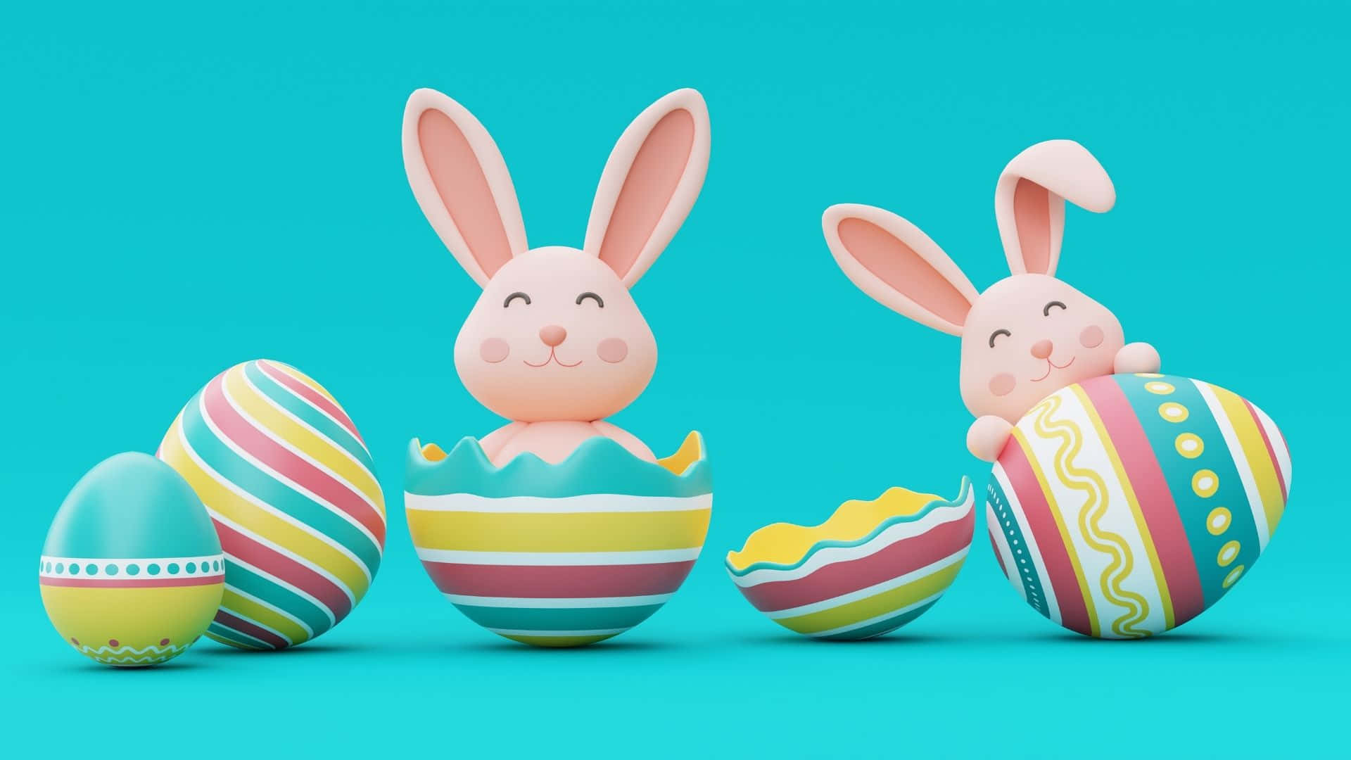 Easter Bunny 桌布 壁紙 — 兩隻可愛的粉紅色兔子從色彩繽紛的條紋復活節彩蛋中探出頭來，背景是明亮的藍綠色。