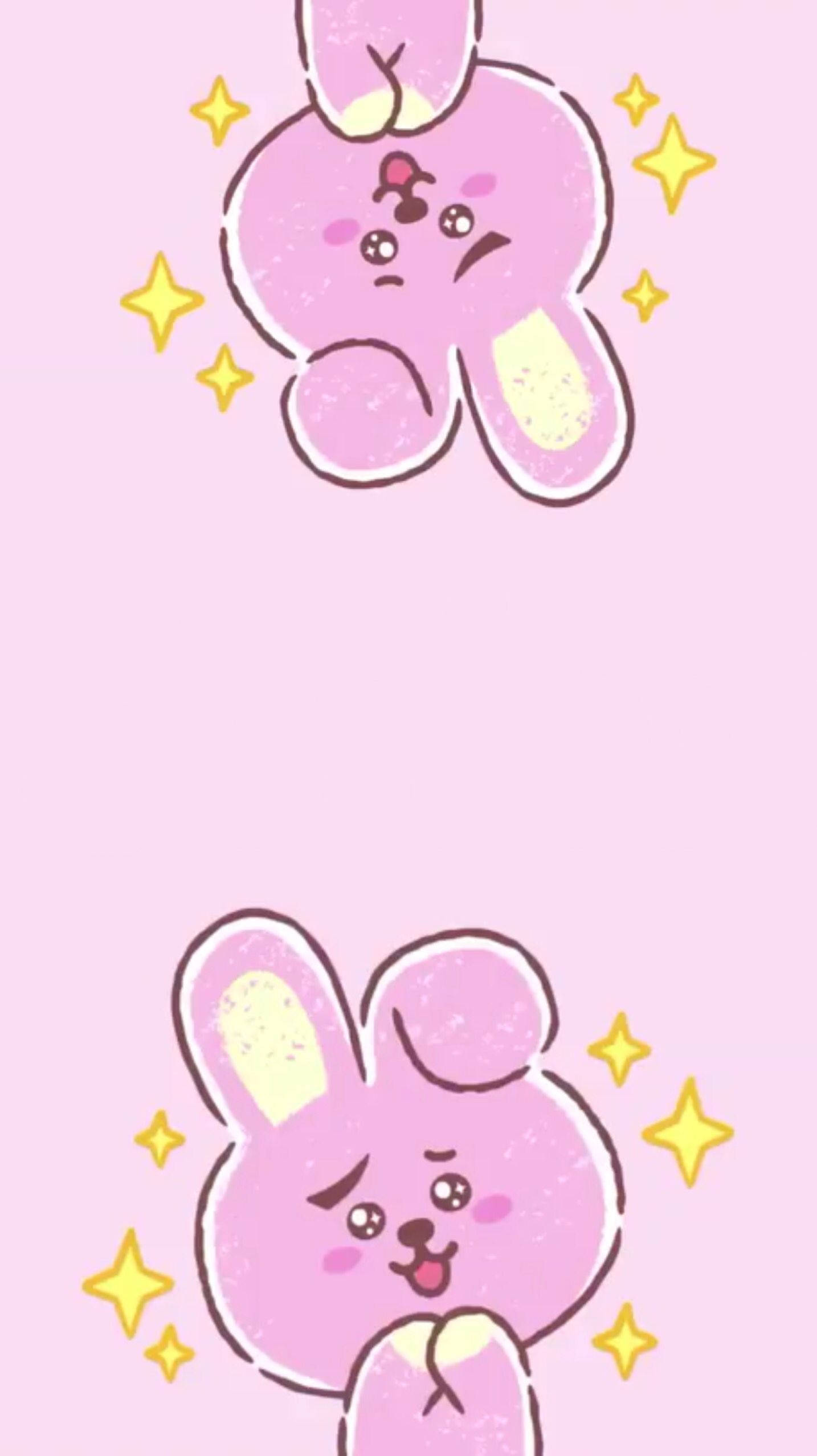 Cooky Bt21 桌布 壁紙 — 兩隻可愛的粉紅色卡通兔子，帶著眨眼的表情和黃色星星，漂浮在柔和的粉紅色背景上。