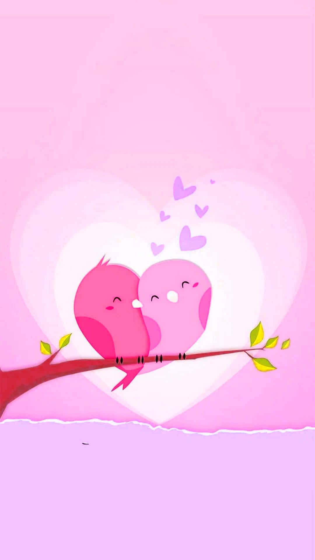 Valentines 桌布 壁紙 — 兩隻可愛的粉紅色卡通鳥在樹枝上依偎，背景是柔和的粉紅色愛心圖案，還有漂浮的愛心。