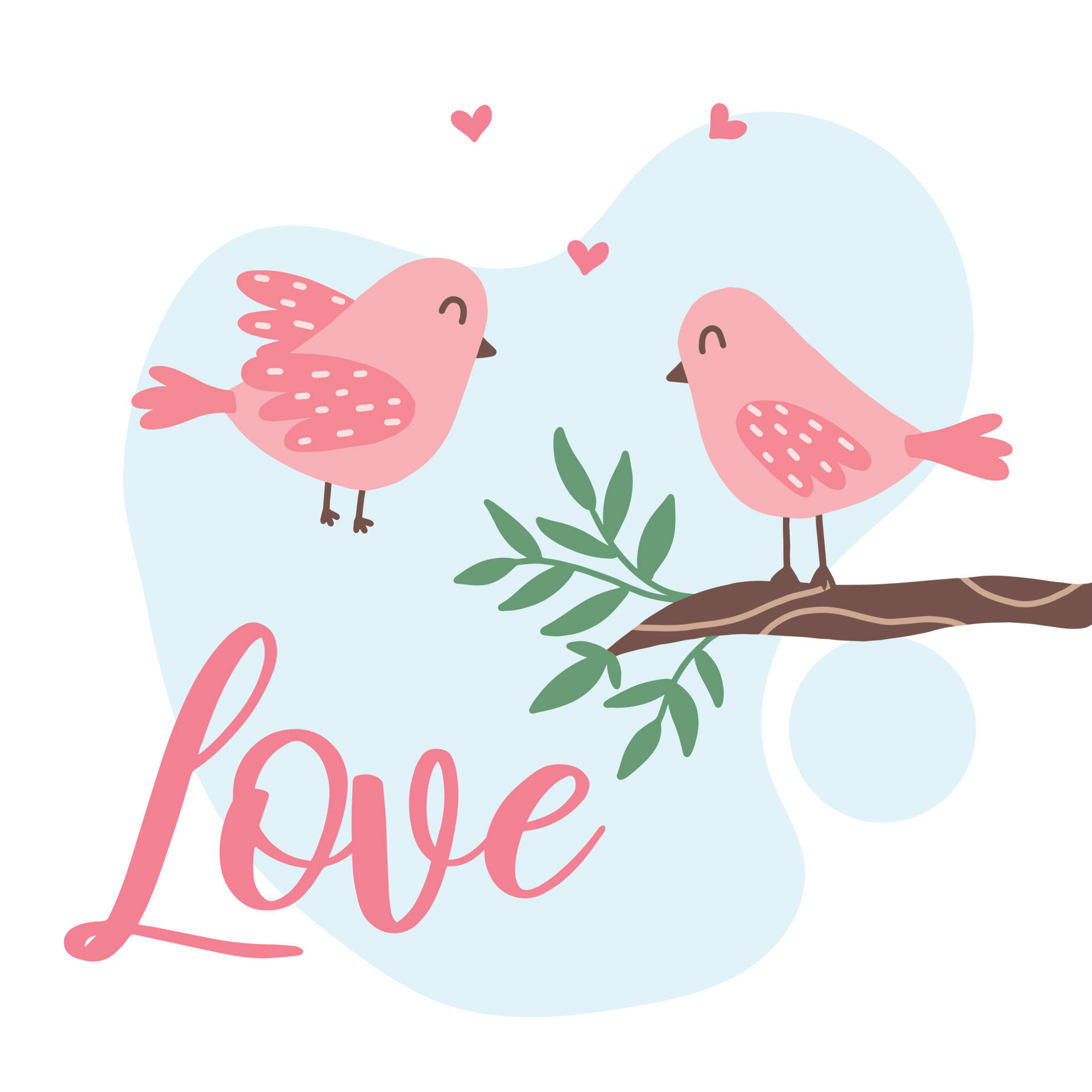 birds 桌布 壁紙 — 兩隻可愛的粉紅色小鳥棲息在樹枝上，心形圖案漂浮在它們上方，背景是柔和的藍色，並有「愛」字。