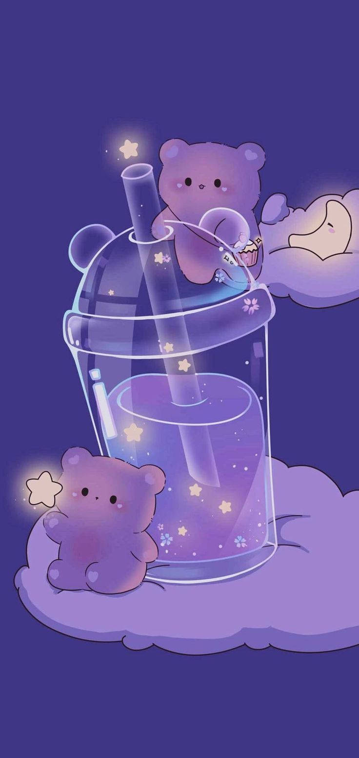紫色 iPhone 桌布 壁紙 — 兩隻可愛的紫色小熊在透明杯子裡與發光的星星玩耍，杯子放在 fluffy 雲朵上，背景是深紫色的天空。