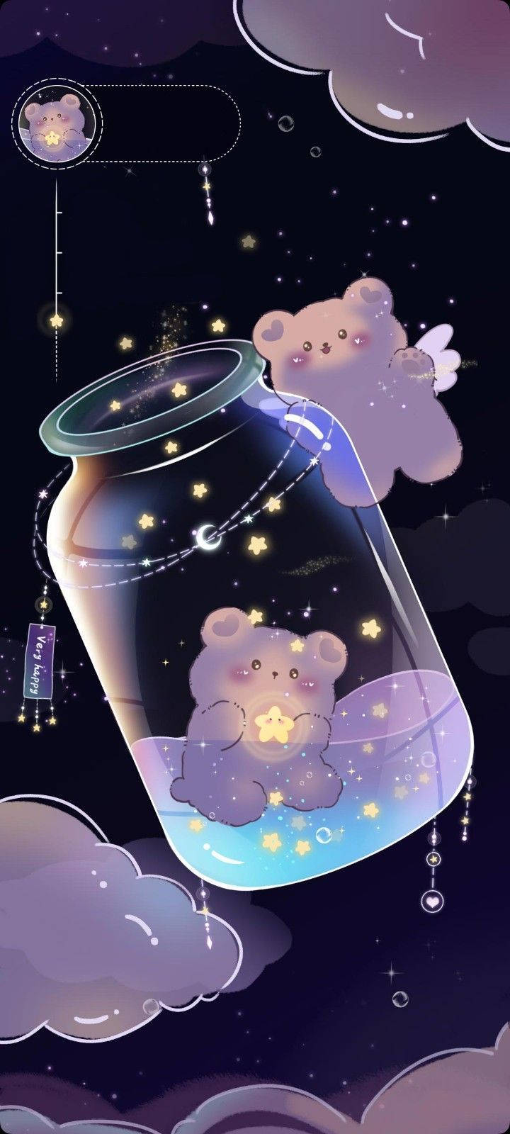 bear hug 桌布 壁紙 — 兩隻可愛的紫色小熊漂浮在一個裝滿星星的玻璃罐中，背景是夢幻的夜空和雲朵。