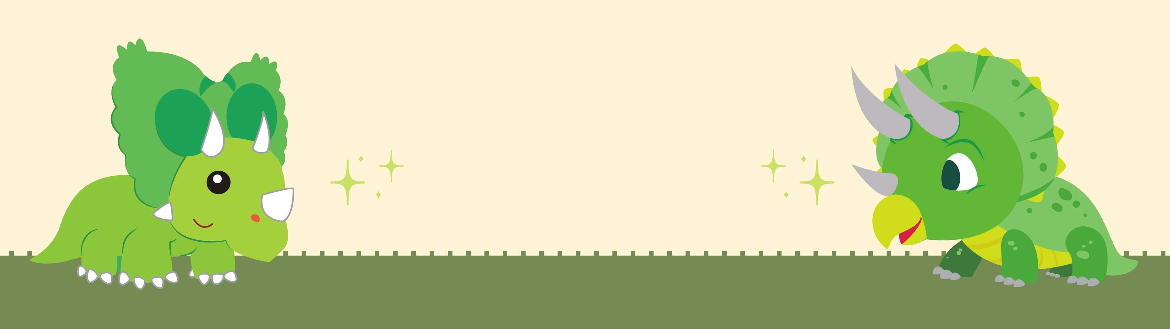 3840X1080 桌布 壁紙 — 兩隻可愛的綠色卡通三角龍在簡單的米色和綠色背景上閃閃發光地面對面。