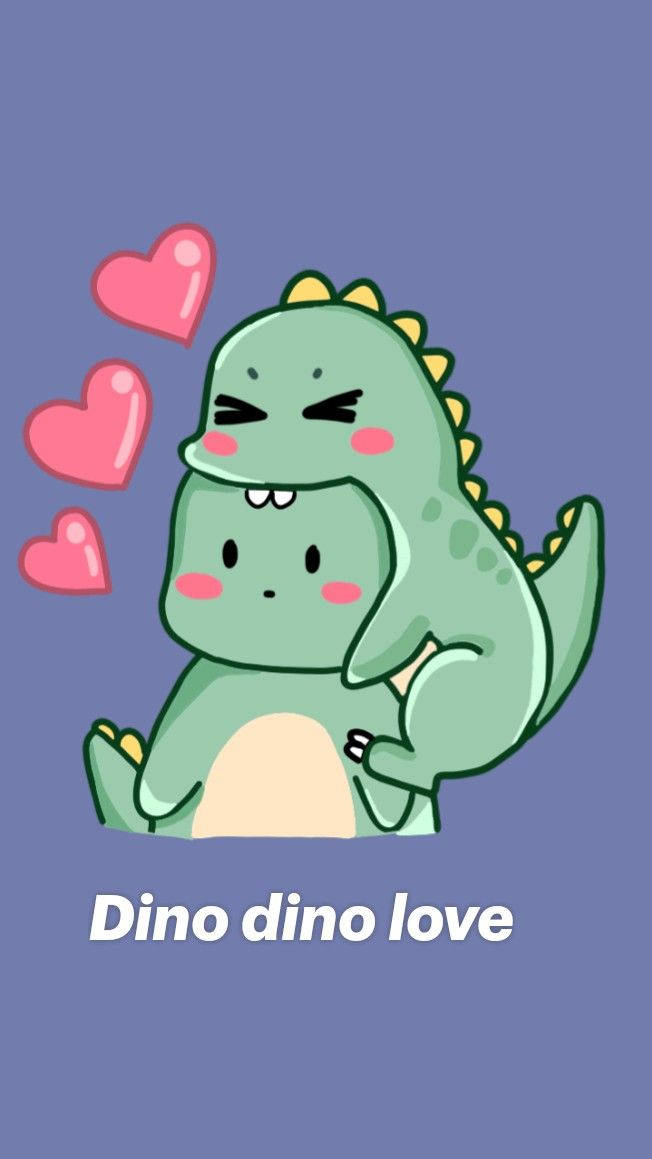 Cartoon Dinosaur Phone 桌布 壁紙 — 兩隻可愛的綠色卡通恐龍依偎在一起，旁邊漂浮著粉紅色的心形，背景是紫色。